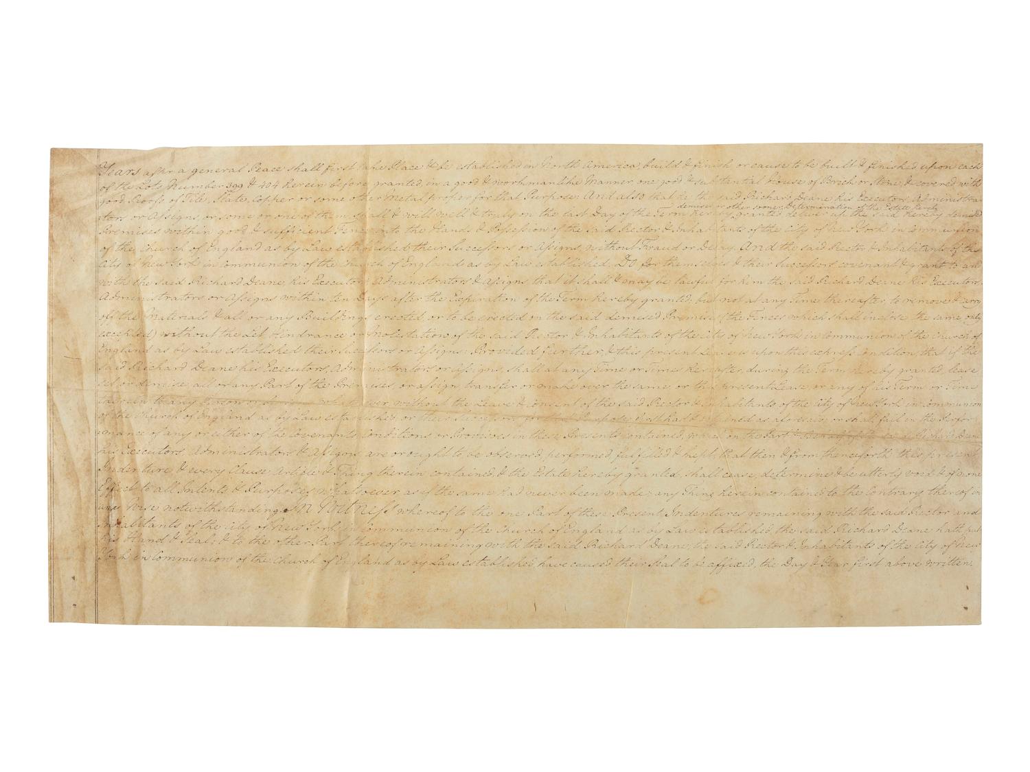 [COLONIAL] -- [NEW YORK]. Manhattan land lease granted to distiller Richard Deane. New York, 24 March 1782.