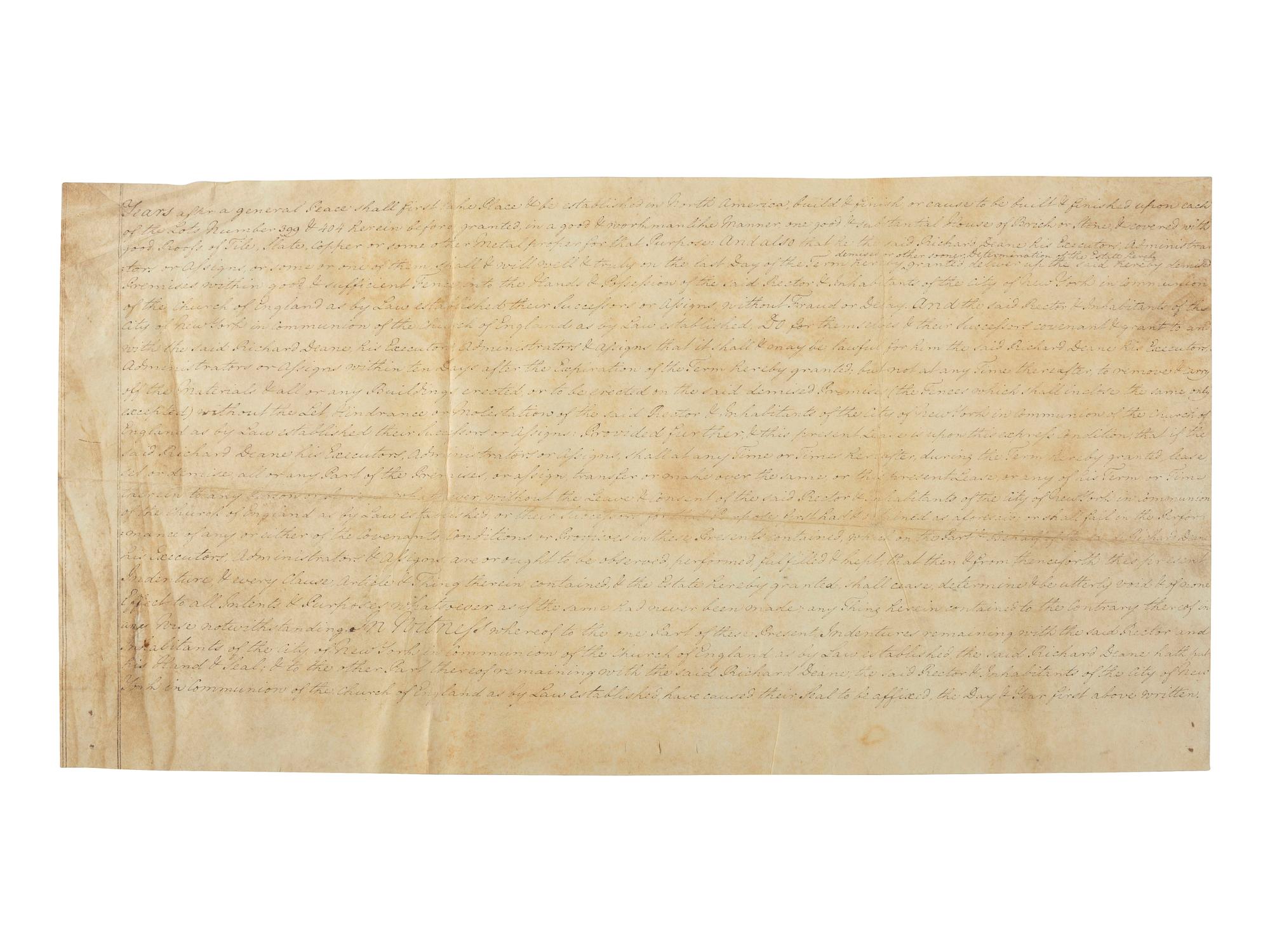 [COLONIAL] -- [NEW YORK]. Manhattan land lease granted to distiller Richard Deane. New York, 24 March 1782.