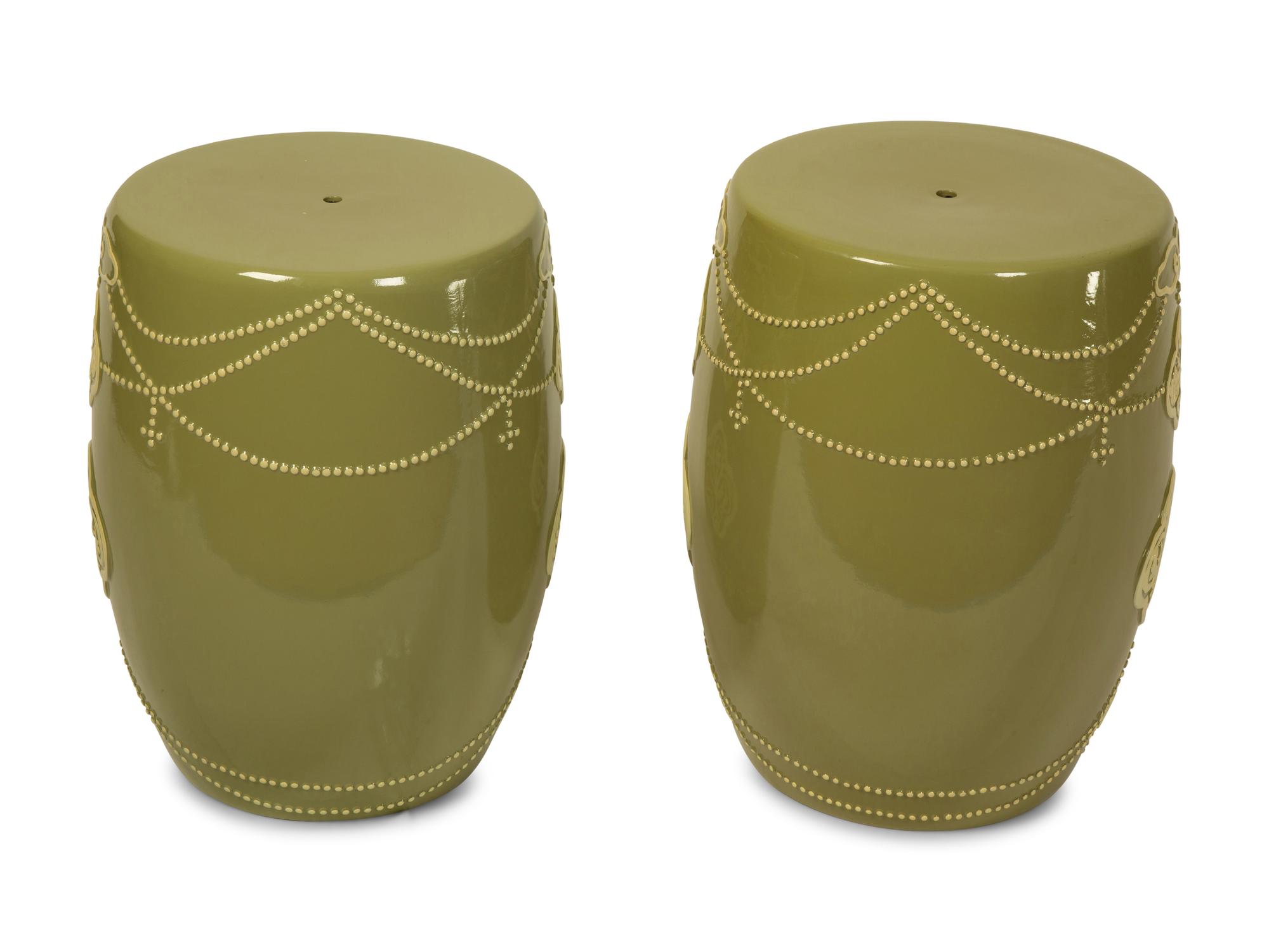 A Pair of Green Glazed Barrel-form Garden Seats — 20TH CENTURY