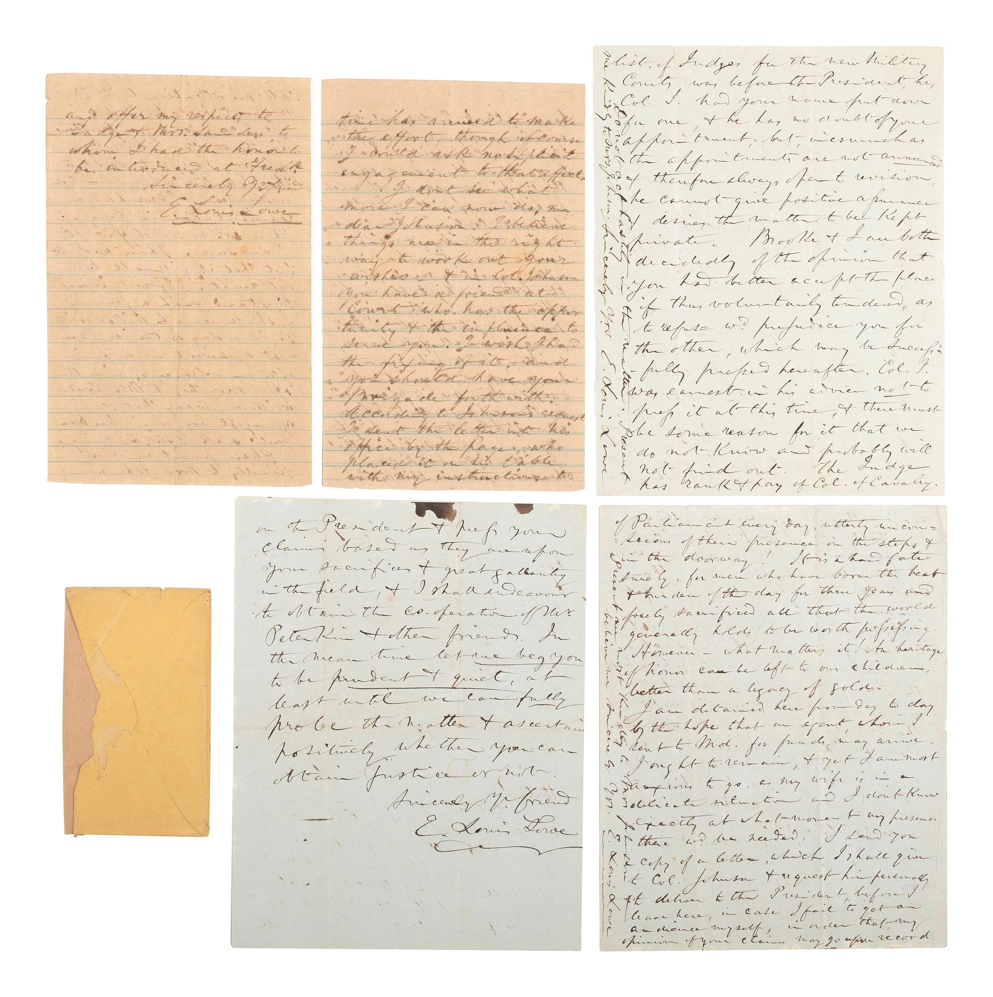 [CIVIL WAR]. A collection of 5 ALsS from E. Louis Lowe, former Governor of Maryland, regarding his efforts to seek an appointment for Colonel Bradley Johnson as a Brigadier General in the Confederate Army,