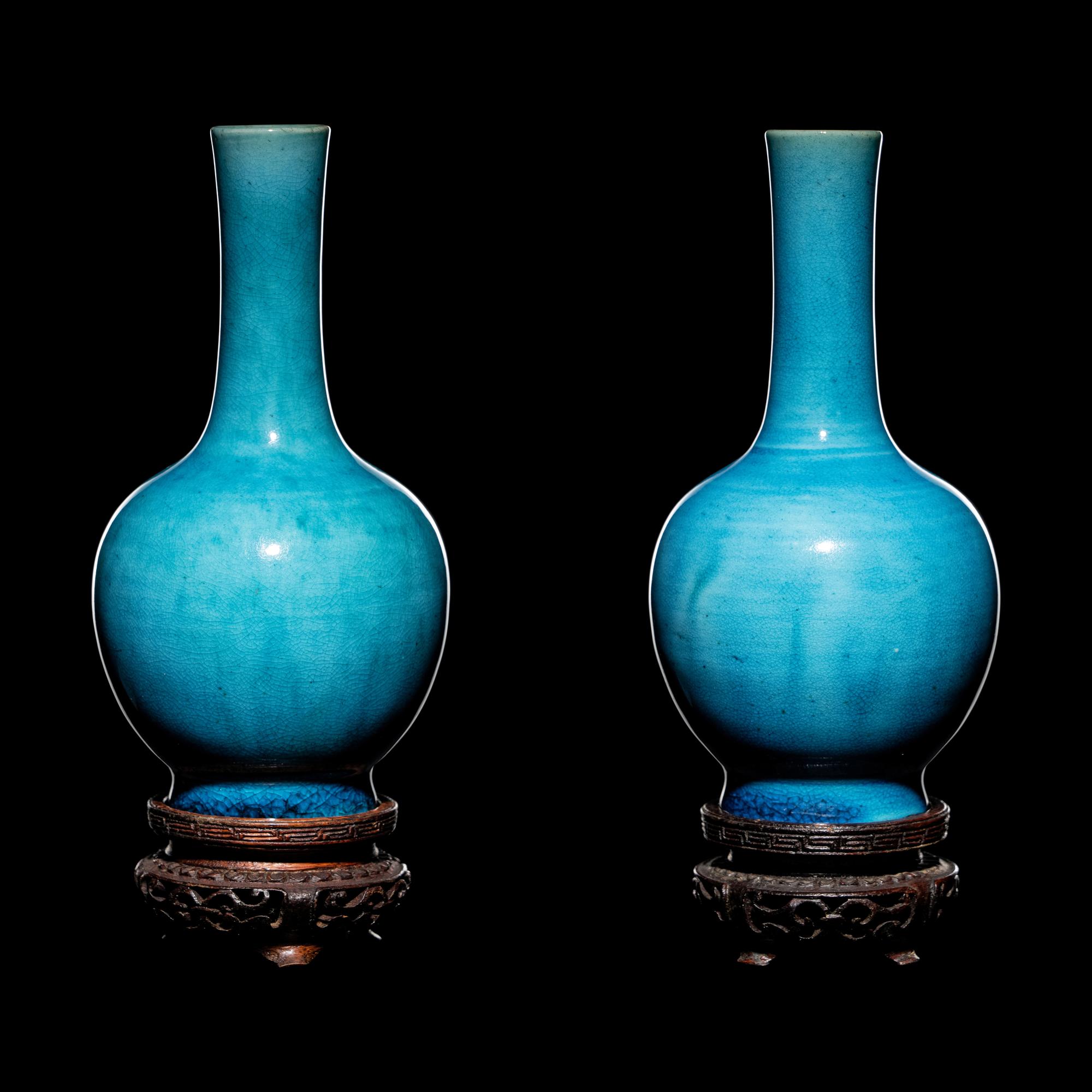 A Pair of Chinese Turquoise Glazed Porcelain Bottle Vases