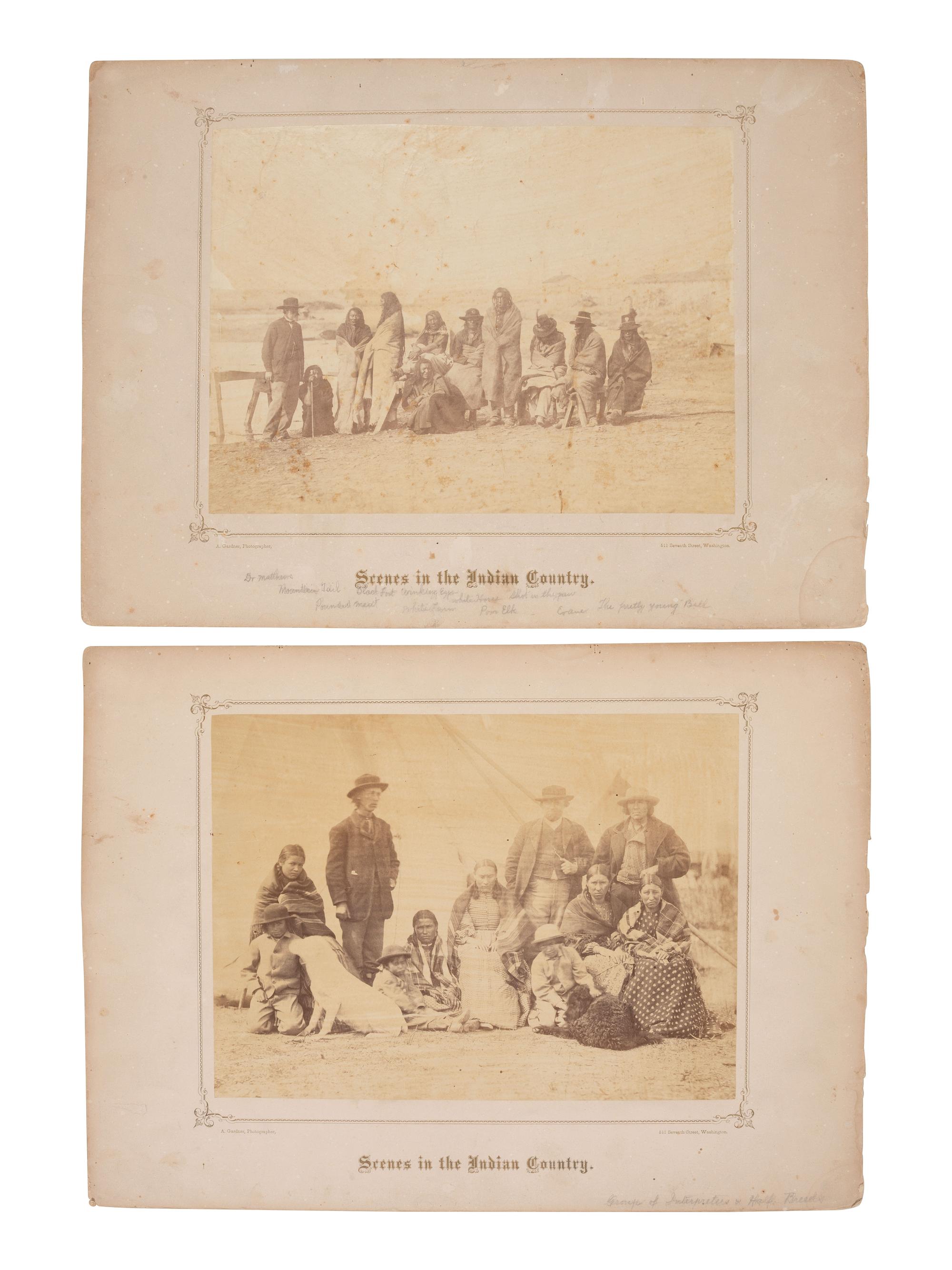 GARDNER, Alexander (1821-1882), photographer. Two albumen photographs taken at Fort Laramie, incl. Crow chiefs who signed the Treaty of 1868.