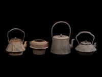 Three Japanese Cast Iron Teapots, Tetsubin and One Burner