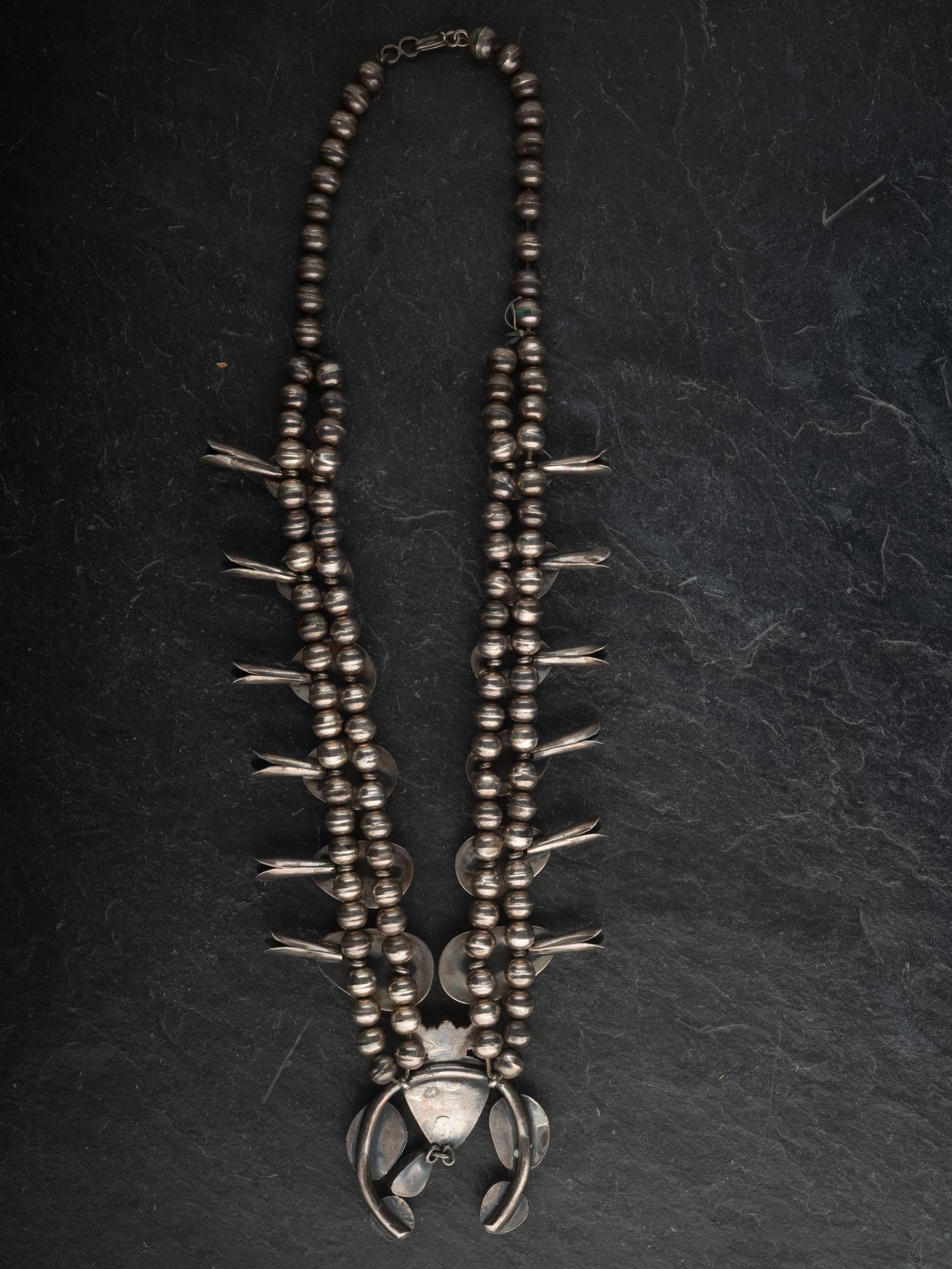 Navajo Silver and Turquoise Squash Blossom Necklace