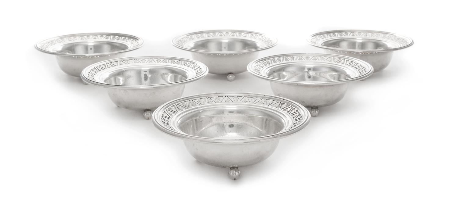 A Set of Twelve American Silver Nut Dishes, Towle Silversmiths, Newburyport, MA, each of circular form with a pierced border and three