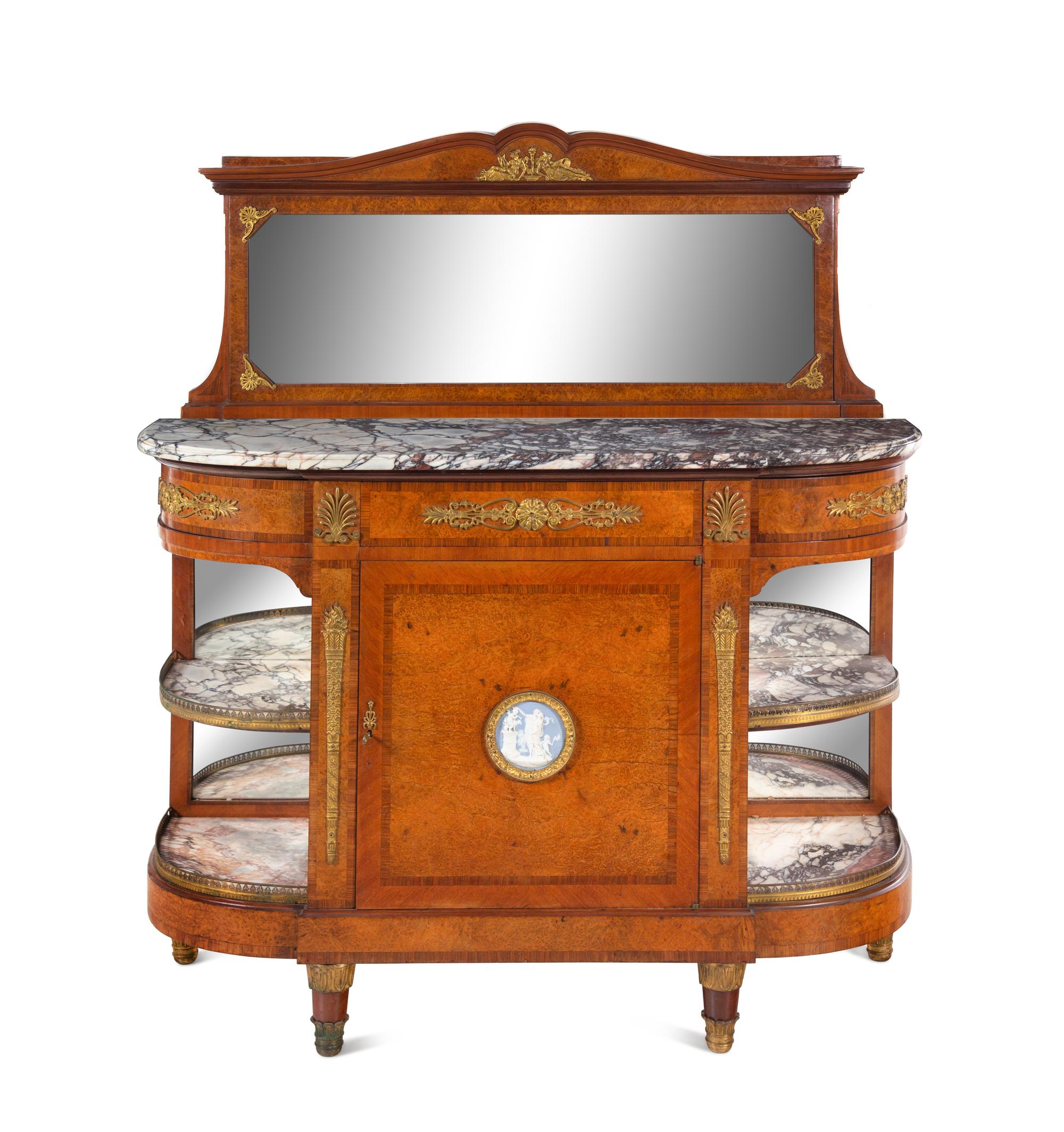 A French Gilt Bronze and Jasperware Mounted Burlwood Dining Suite