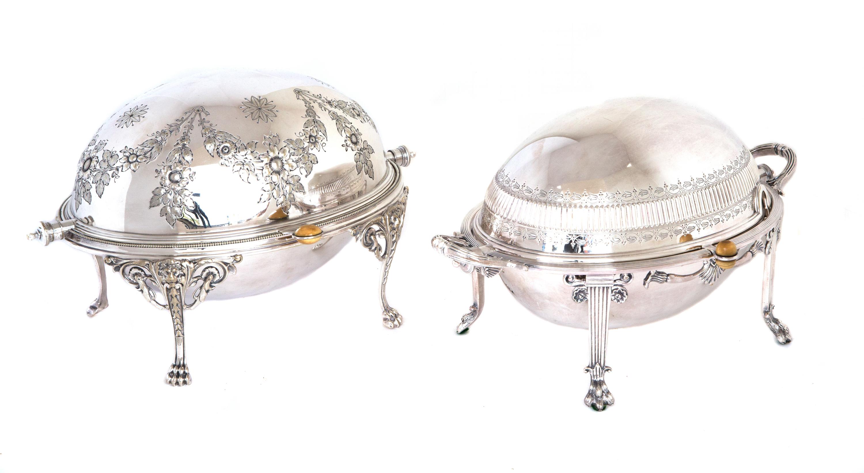 Two English Silver Plate Chaffing Dishes Height of larger 7 1/2, width 12 3/4 x depth 8 inches. — Elkington & Co. Birmingham and Walker & Hall, Sheffield.