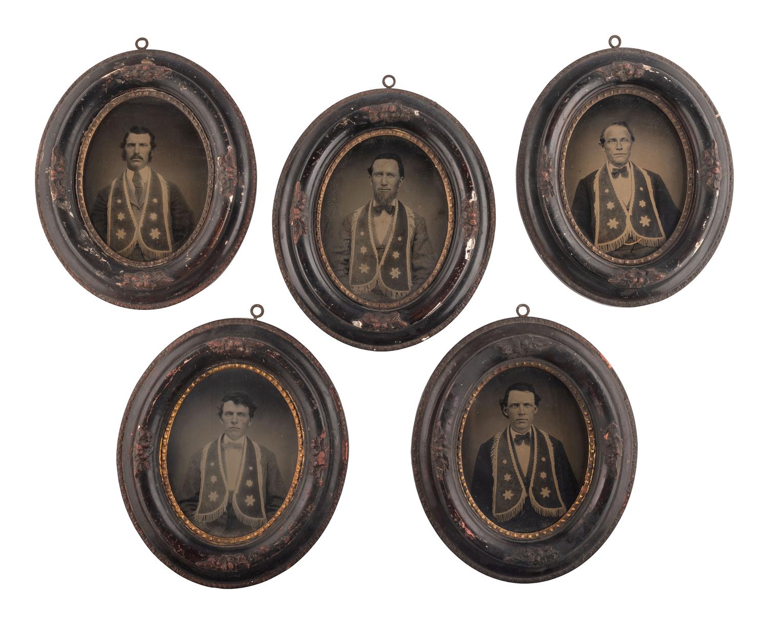 [EARLY PHOTOGRAPHY -- FRATERNAL ORDERS]. A group of 5 framed tintype portraits of members of a fraternal organization.