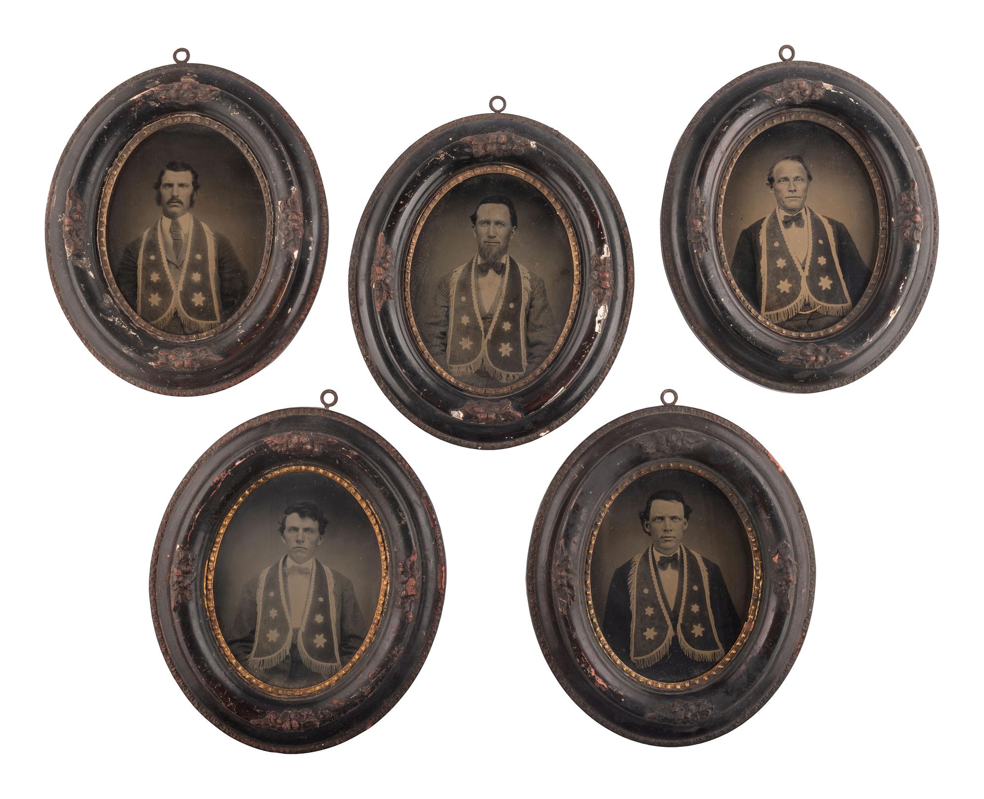 [EARLY PHOTOGRAPHY -- FRATERNAL ORDERS]. A group of 5 framed tintype portraits of members of a fraternal organization.