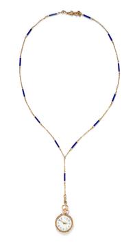 An Edwardian Yellow Gold, Diamond, Seed Pearl and Polychrome Enamel Lavalier Pendant Watch, 16.60 dwts.