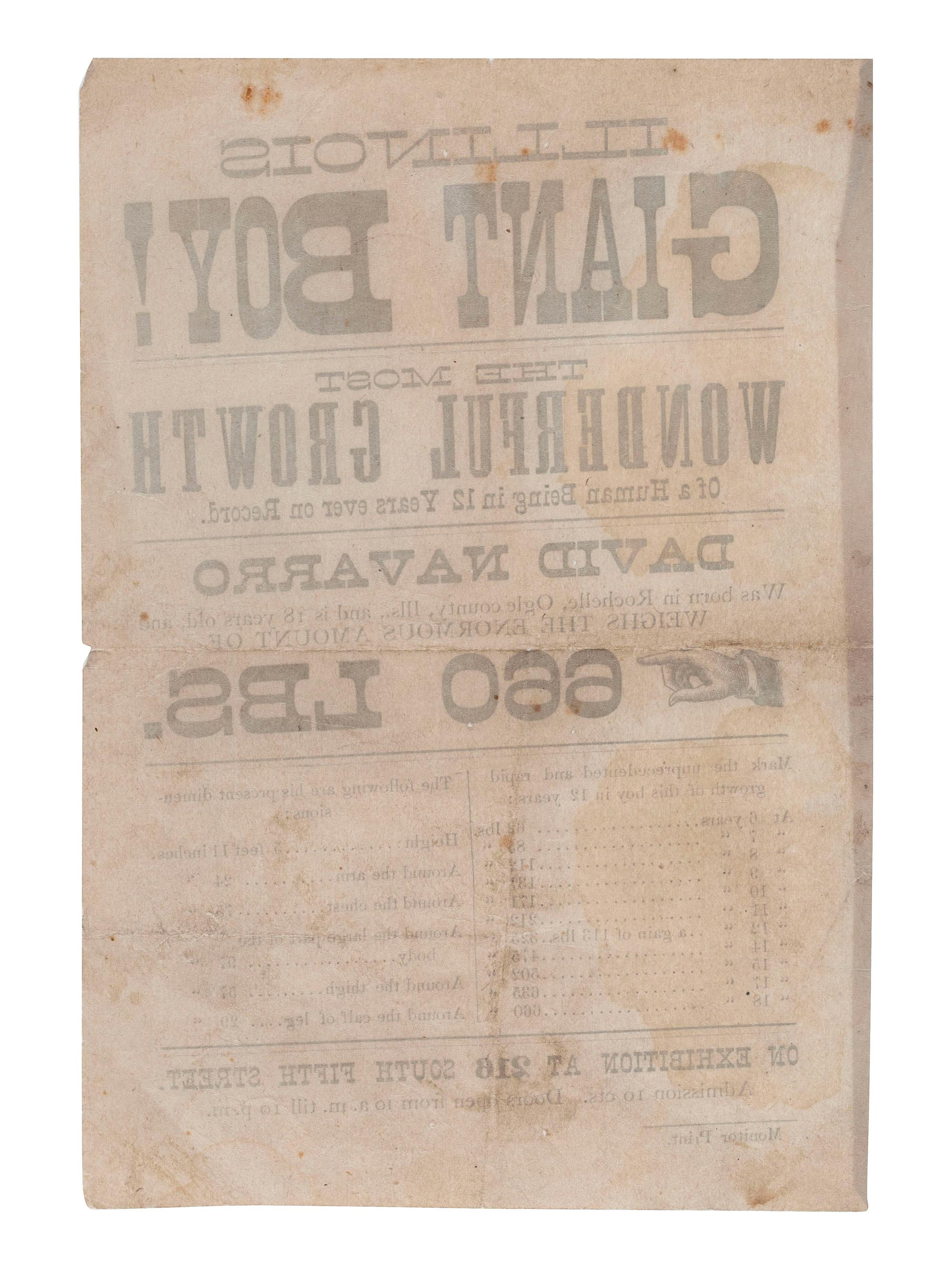 [CIRCUS] -- [SIDESHOWS]. A group of 4 items associated with unusual performing acts highlighted by a broadside advertising the "Illinois Giant Boy!" ca 1879.