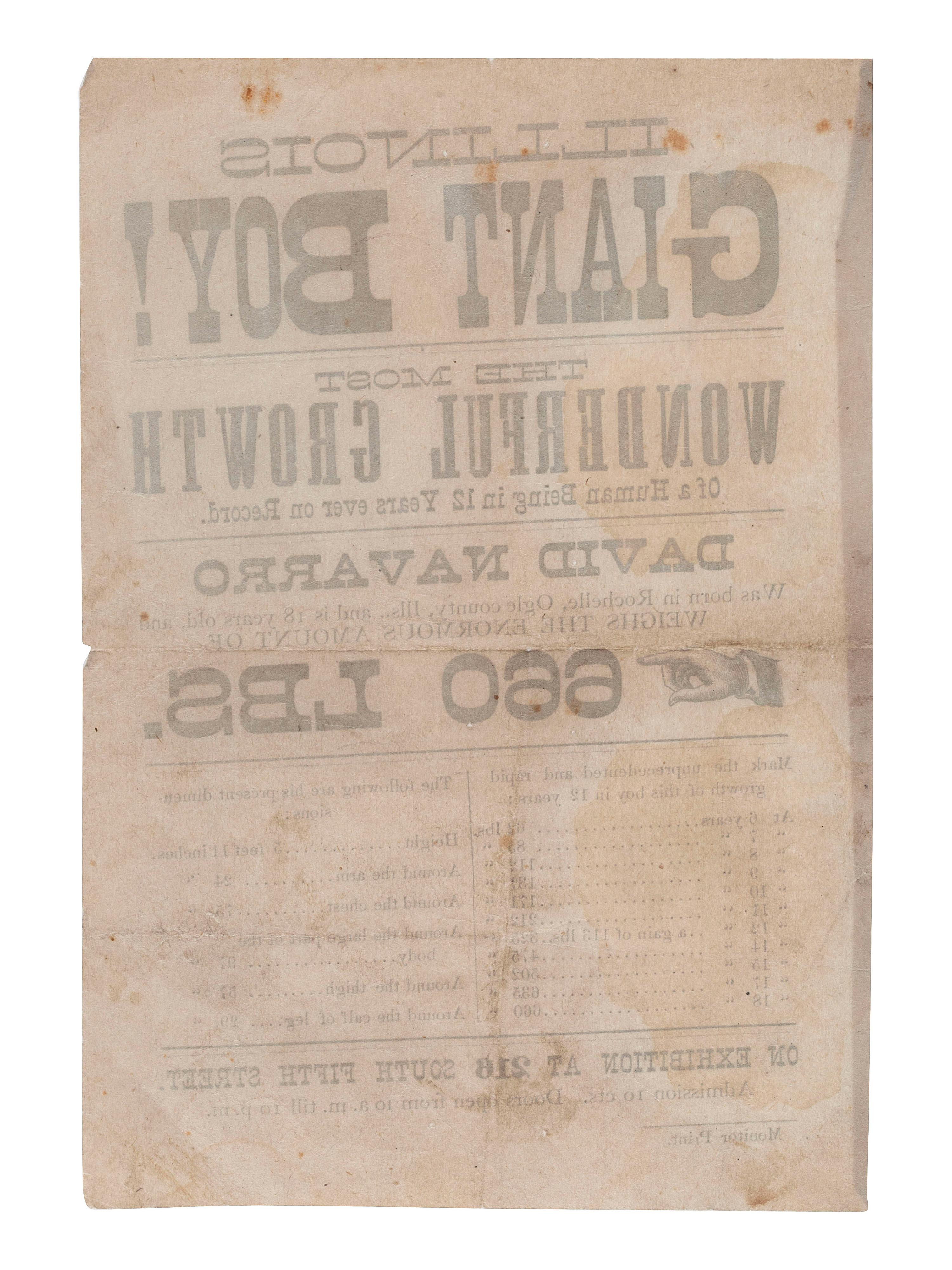 [CIRCUS] -- [SIDESHOWS]. A group of 4 items associated with unusual performing acts highlighted by a broadside advertising the "Illinois Giant Boy!" ca 1879.
