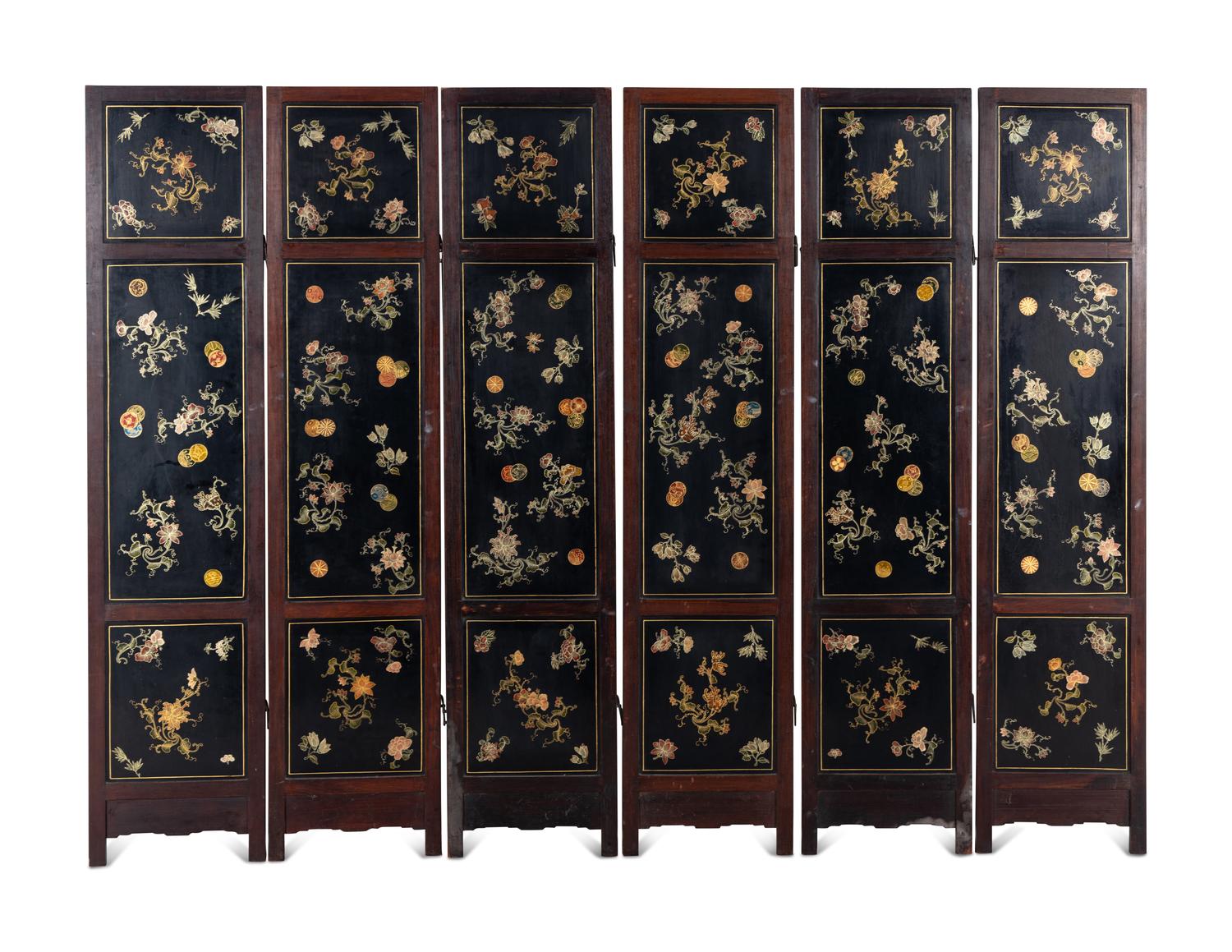 A Chinese Hardstone-Inlaid Six-Panel Floor Screen