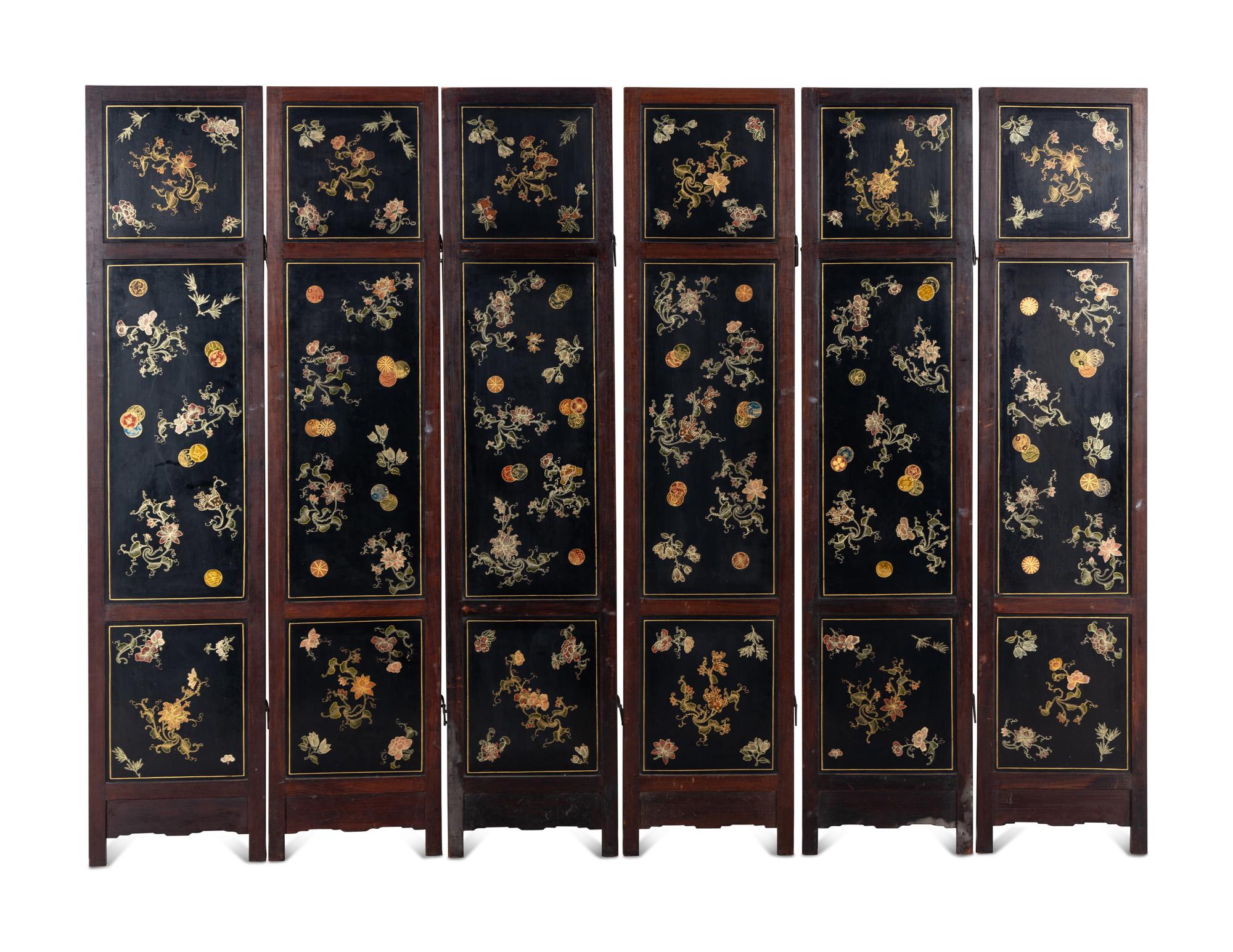 A Chinese Hardstone-Inlaid Six-Panel Floor Screen