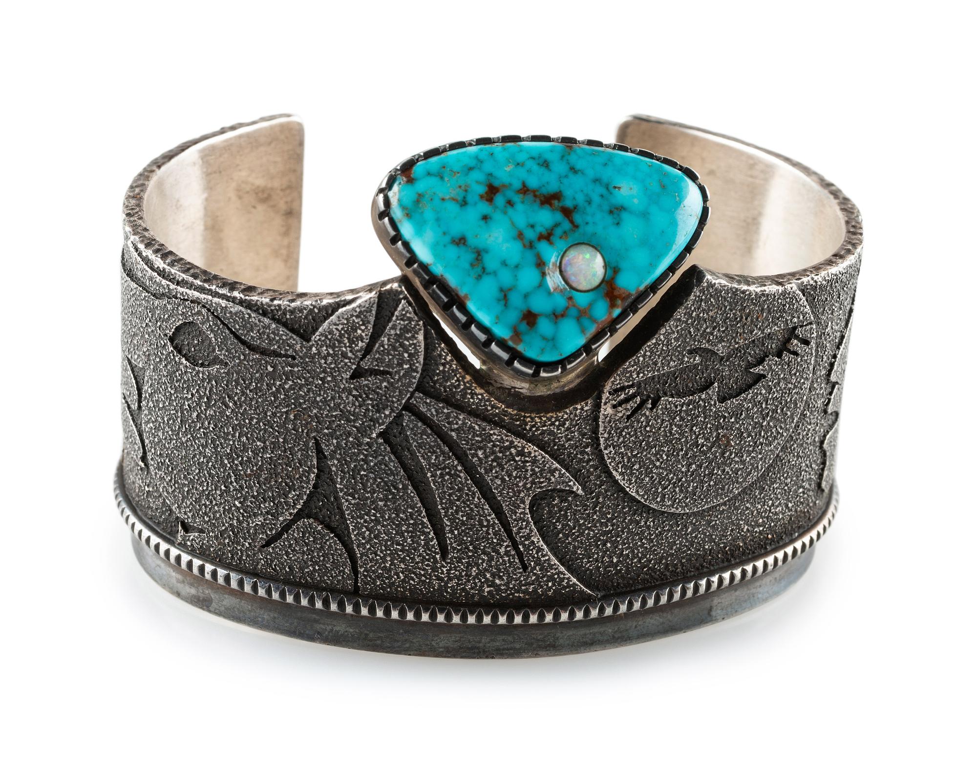Tufa Cast Silver Cuff Bracelet, set with Turquoise and Opal