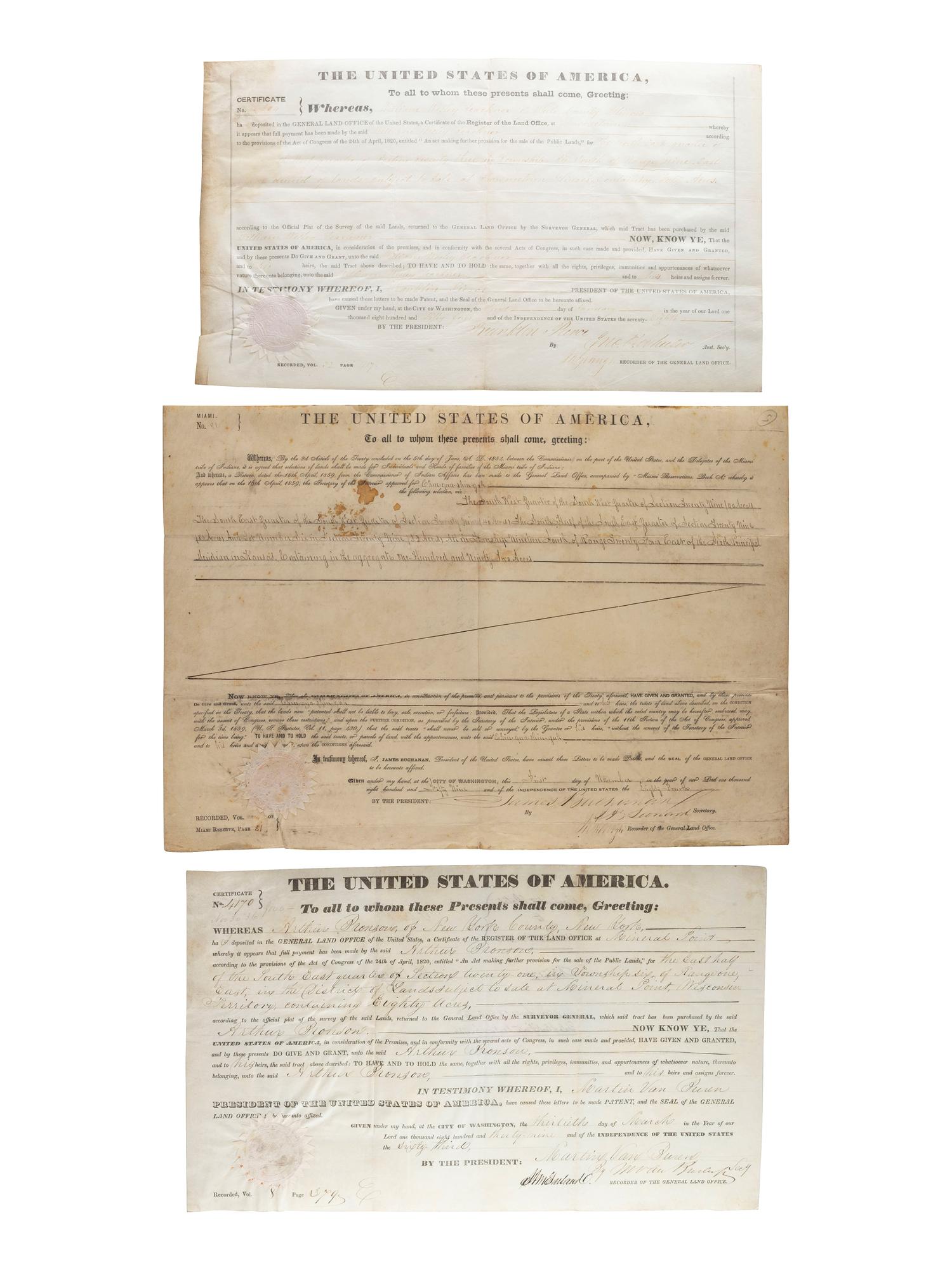 [POLITICS] - [PRESIDENTS]. Group of 8 land grants including one signed by James Madison.