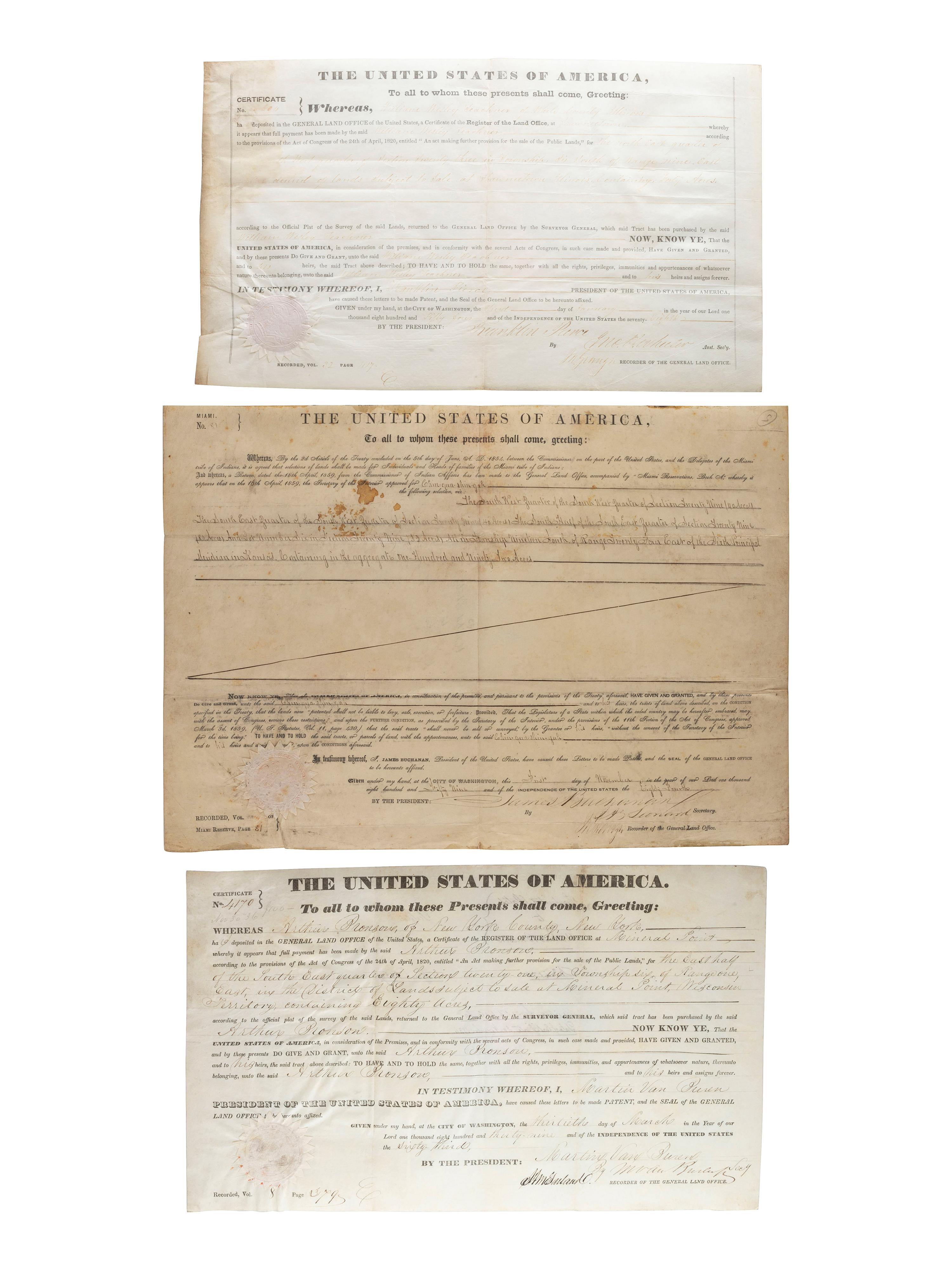 [POLITICS] - [PRESIDENTS]. Group of 8 land grants including one signed by James Madison.