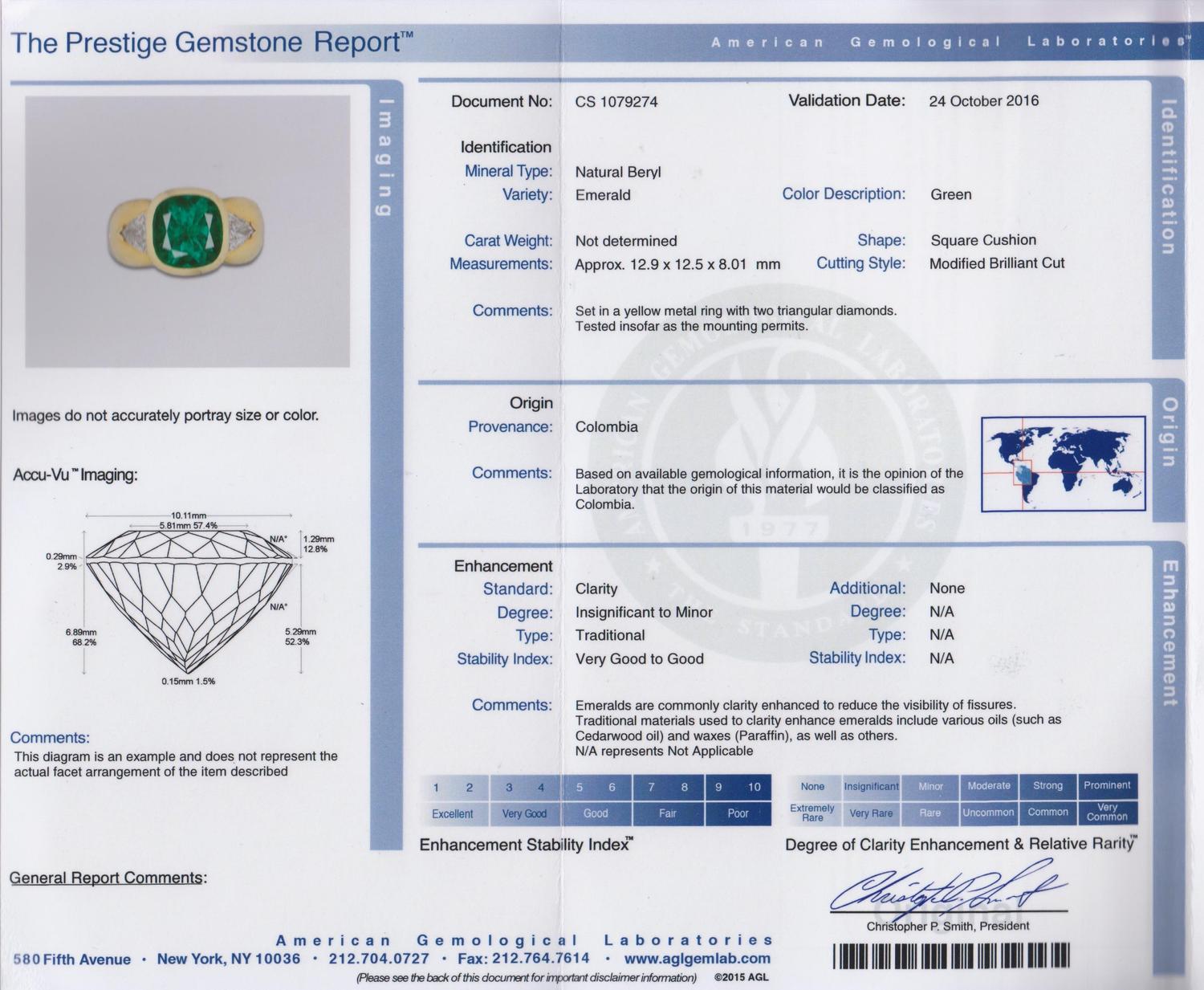 A 6.56 Carat Cushion Cut Colombian Emerald,