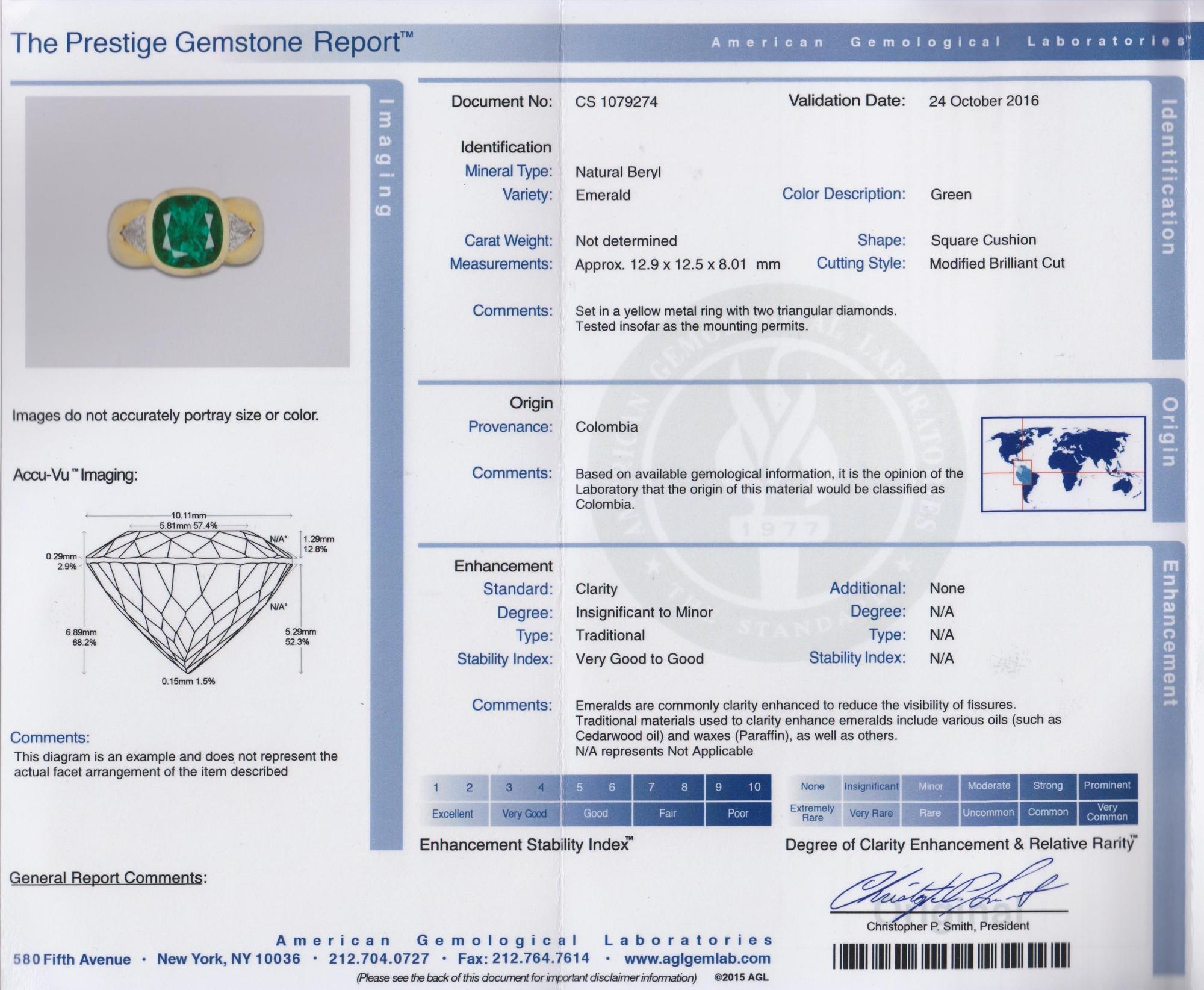 A 6.56 Carat Cushion Cut Colombian Emerald,
