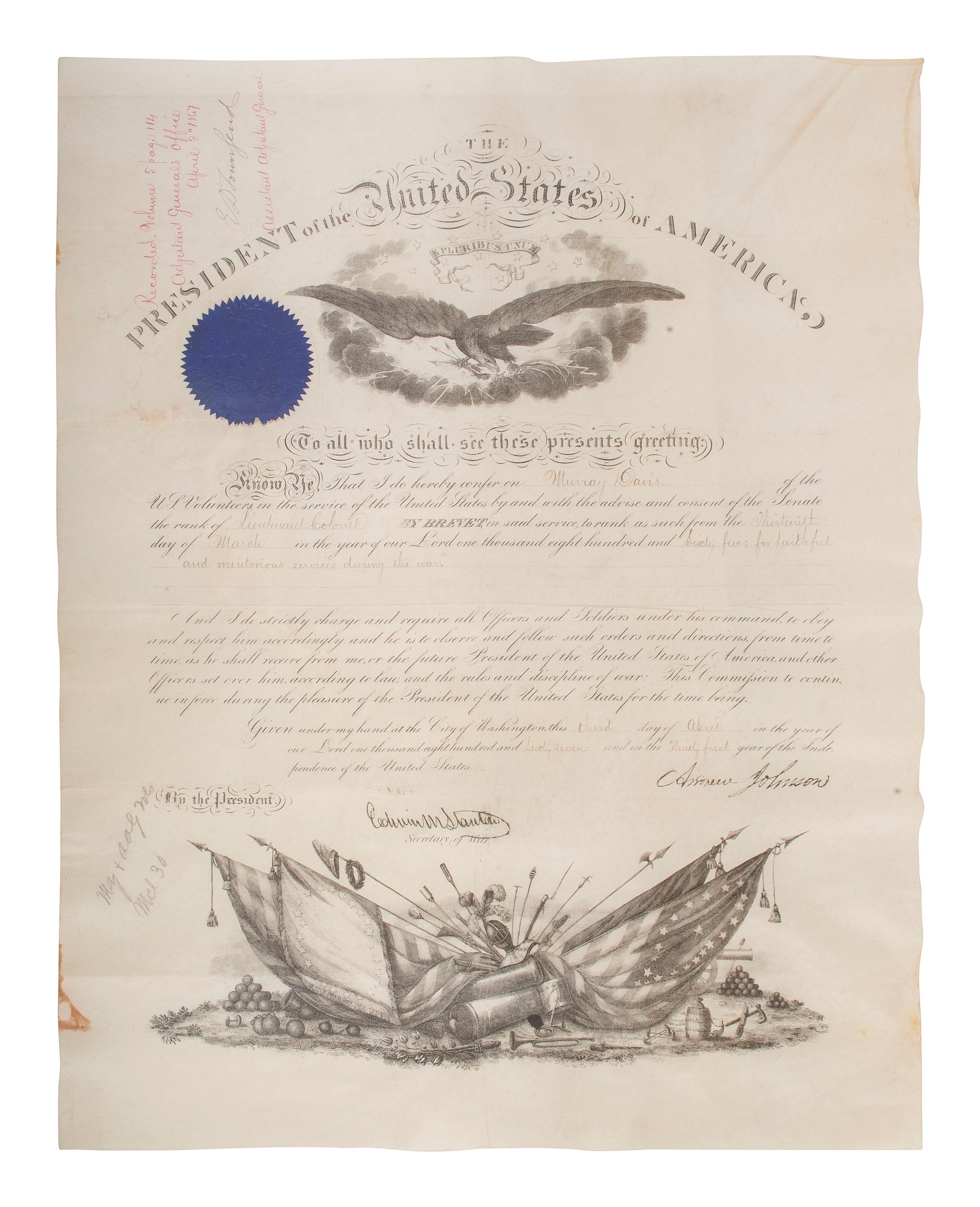[CIVIL WAR]. JOHNSON, Andrew (1808-1875). Appointments associated with the service of Major Murray Davis, 95th Ohio Infantry, including a document signed by Andrew Johnson as President, 20 April 1866.
