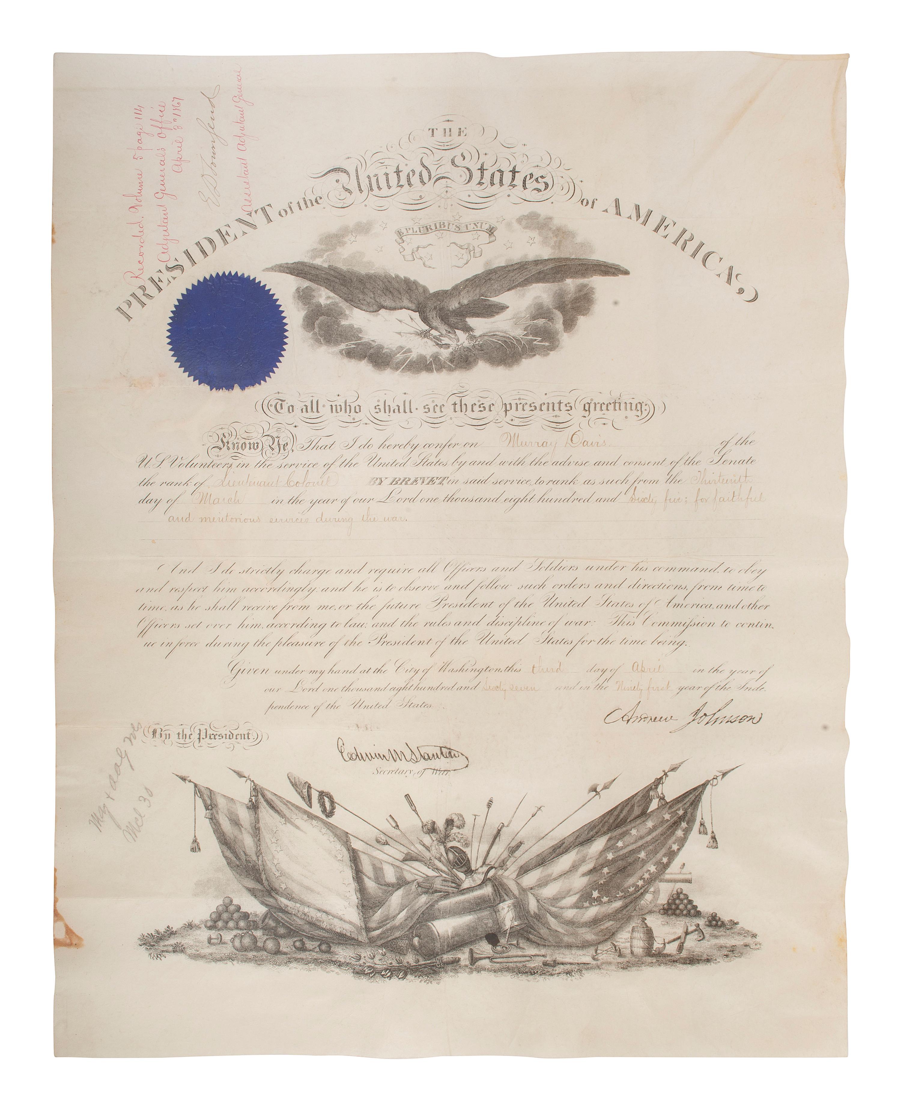 [CIVIL WAR]. JOHNSON, Andrew (1808-1875). Appointments associated with the service of Major Murray Davis, 95th Ohio Infantry, including a document signed by Andrew Johnson as President, 20 April 1866.