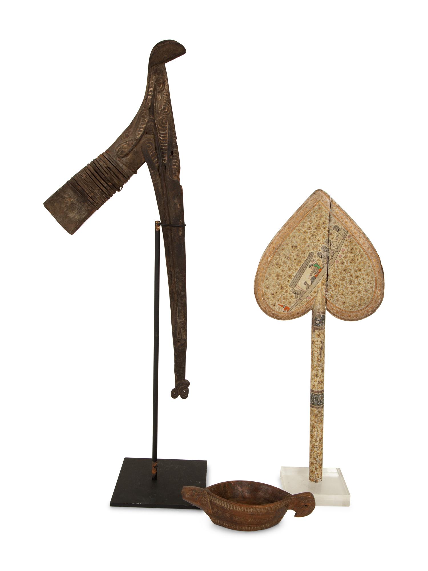 A Mughal Painted Wood Paddle and Two Oceanic Carved Wood Articles