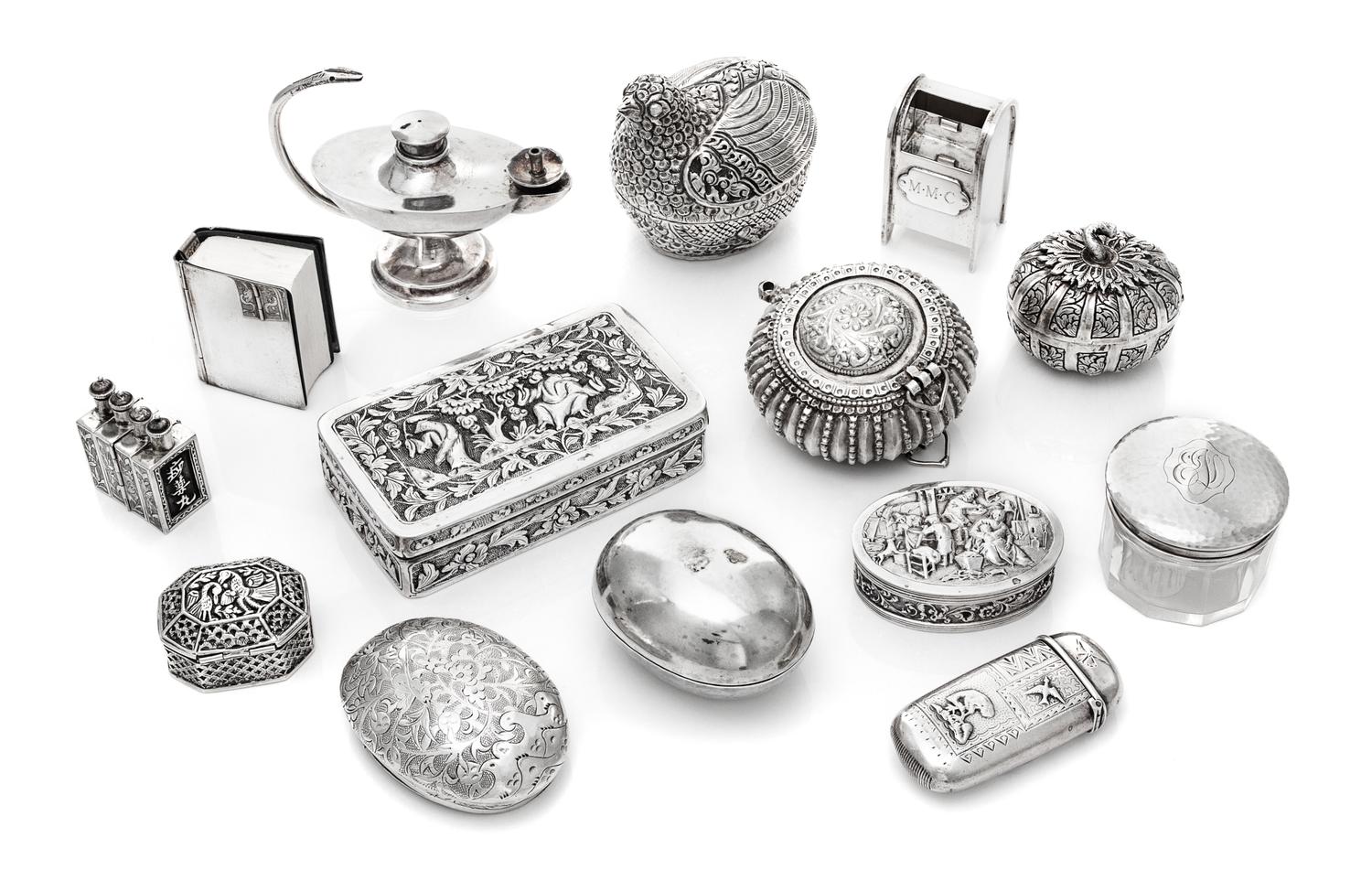 A Group of Fourteen Silver Boxes and Decorative Items, various makers, comprising a Chinese export silver quadruple medicine bottle mar