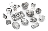 A Group of Fourteen Silver Boxes and Decorative Items, various makers, comprising a Chinese export silver quadruple medicine bottle mar