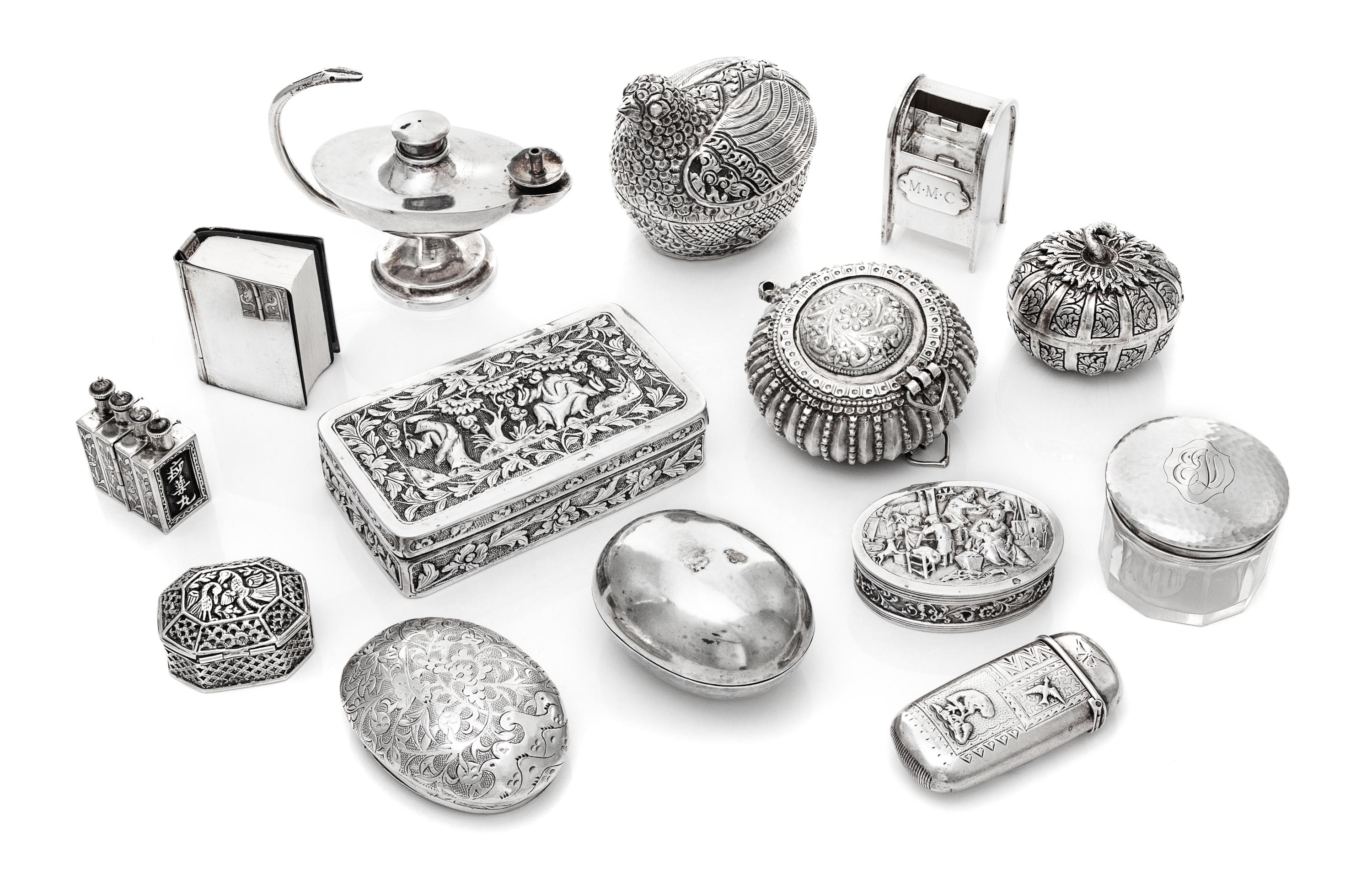 A Group of Fourteen Silver Boxes and Decorative Items, various makers, comprising a Chinese export silver quadruple medicine bottle mar