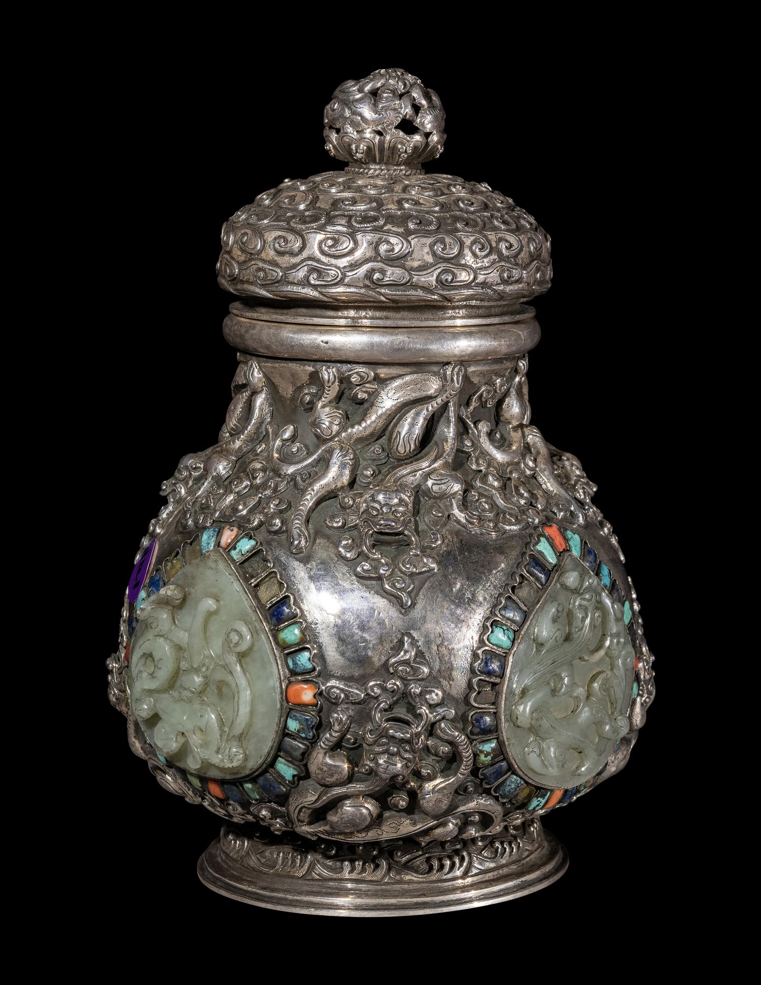 A Mongolian Jade and Hardstone Inset Silver Covered Hu Vessel