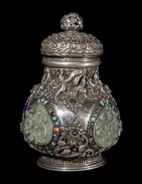 A Mongolian Jade and Hardstone Inset Silver Covered Hu Vessel
