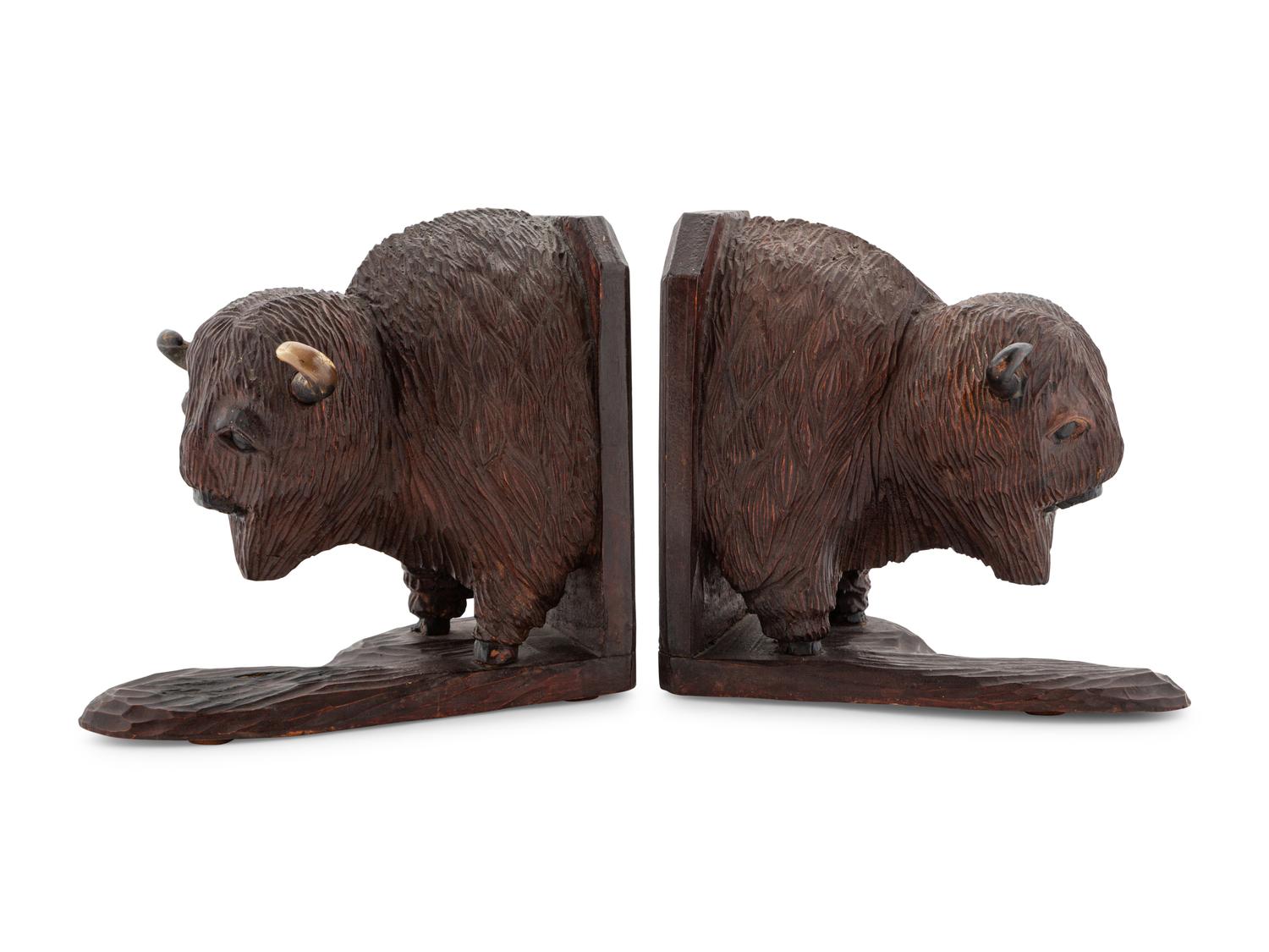 19th Century Carved Buffalo Bookends
