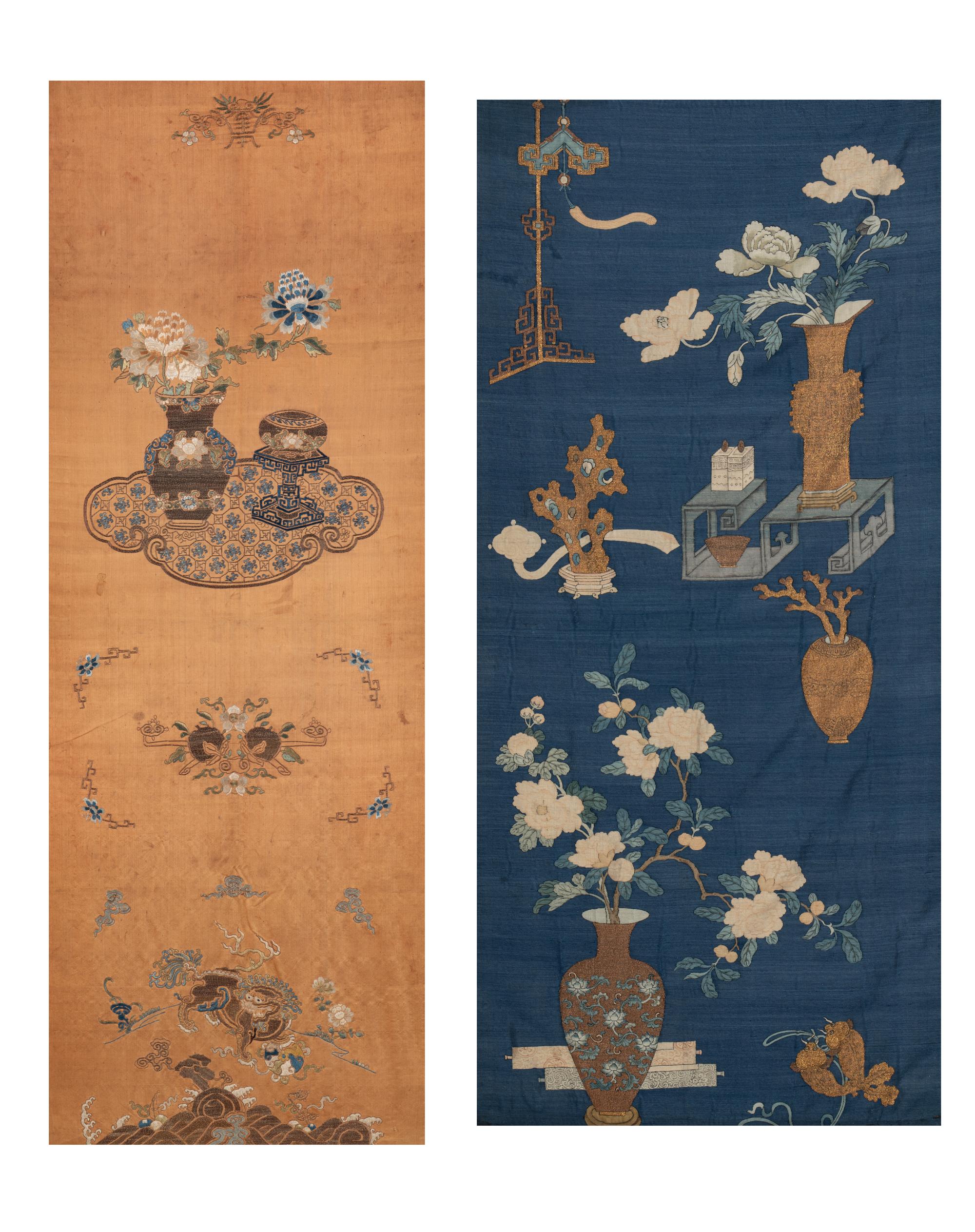 Two Chinese 'Bogu' Silk Panels