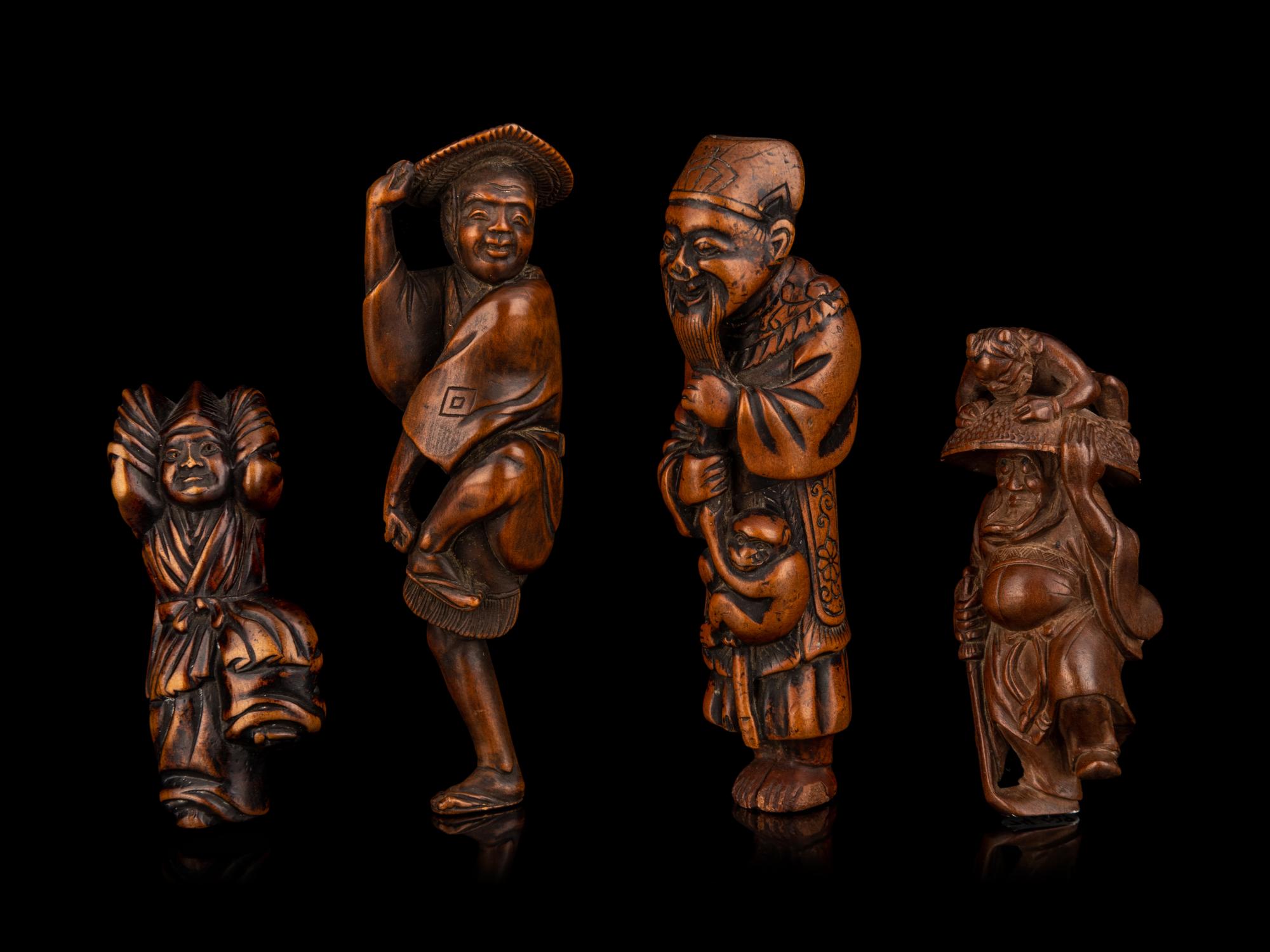 Four Large Japanese Carved Boxwood Netsuke
