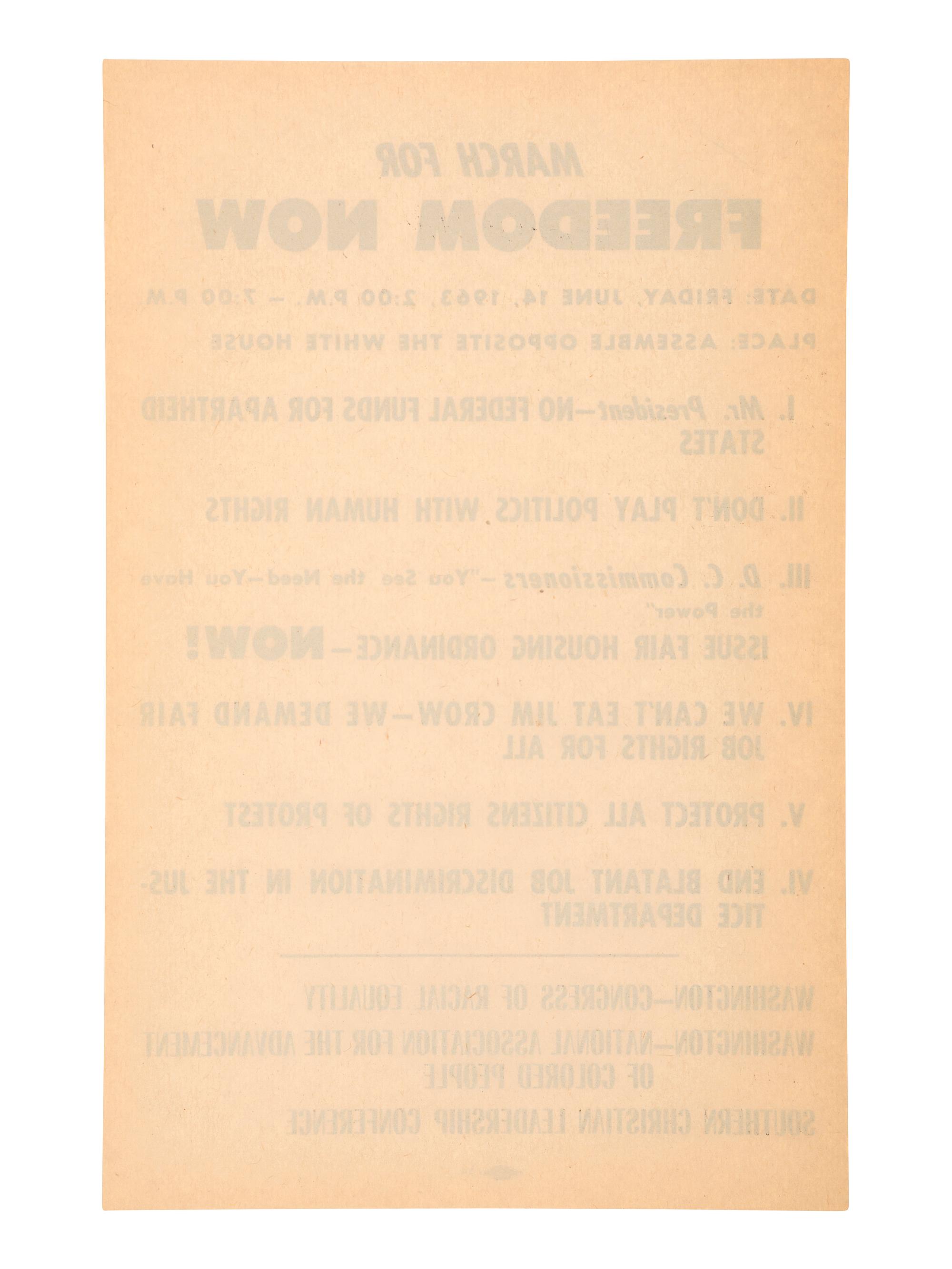 [CIVIL RIGHTS]. March for Freedom Now...Assemble Opposite the White House . [Washington, DC], 14 June 1963. Handbill for march scheduled three days after John F. Kennedy's televised civil rights address.