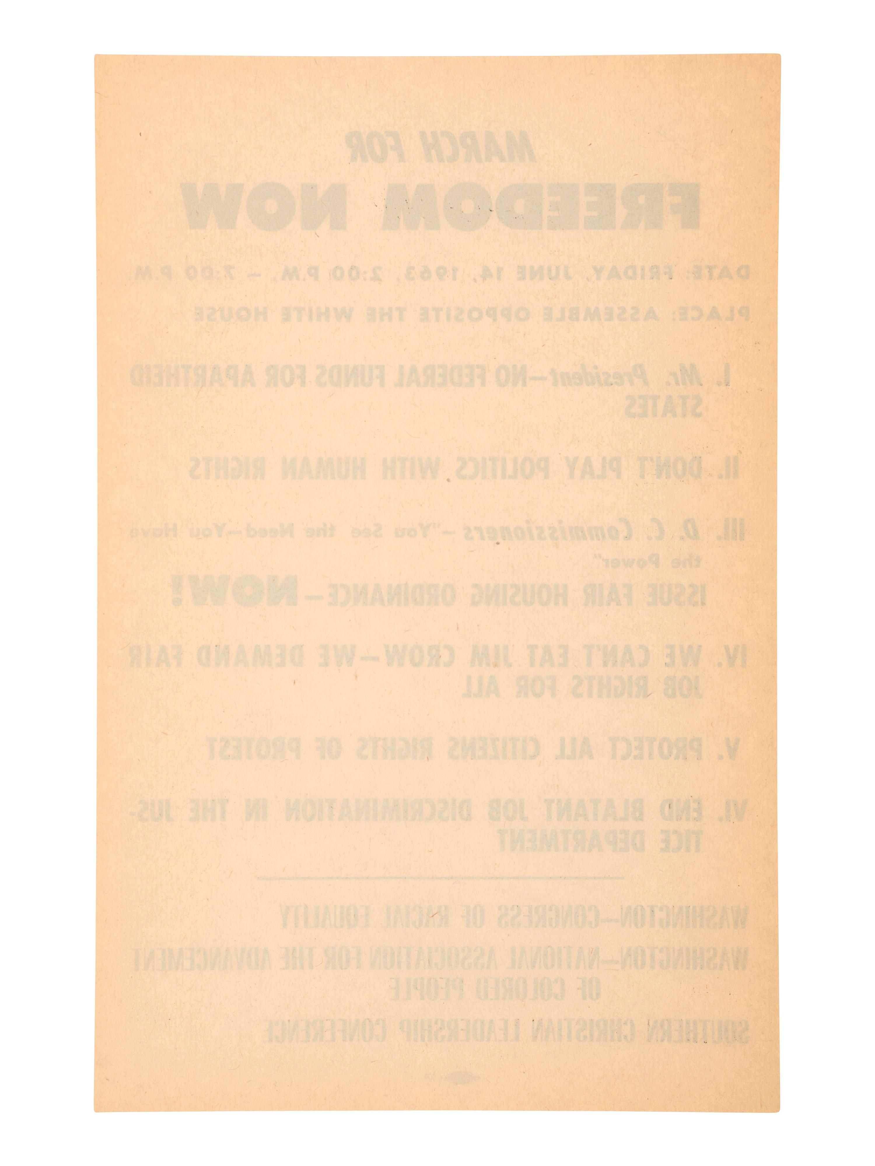 [CIVIL RIGHTS]. March for Freedom Now...Assemble Opposite the White House . [Washington, DC], 14 June 1963. Handbill for march scheduled three days after John F. Kennedy's televised civil rights address.