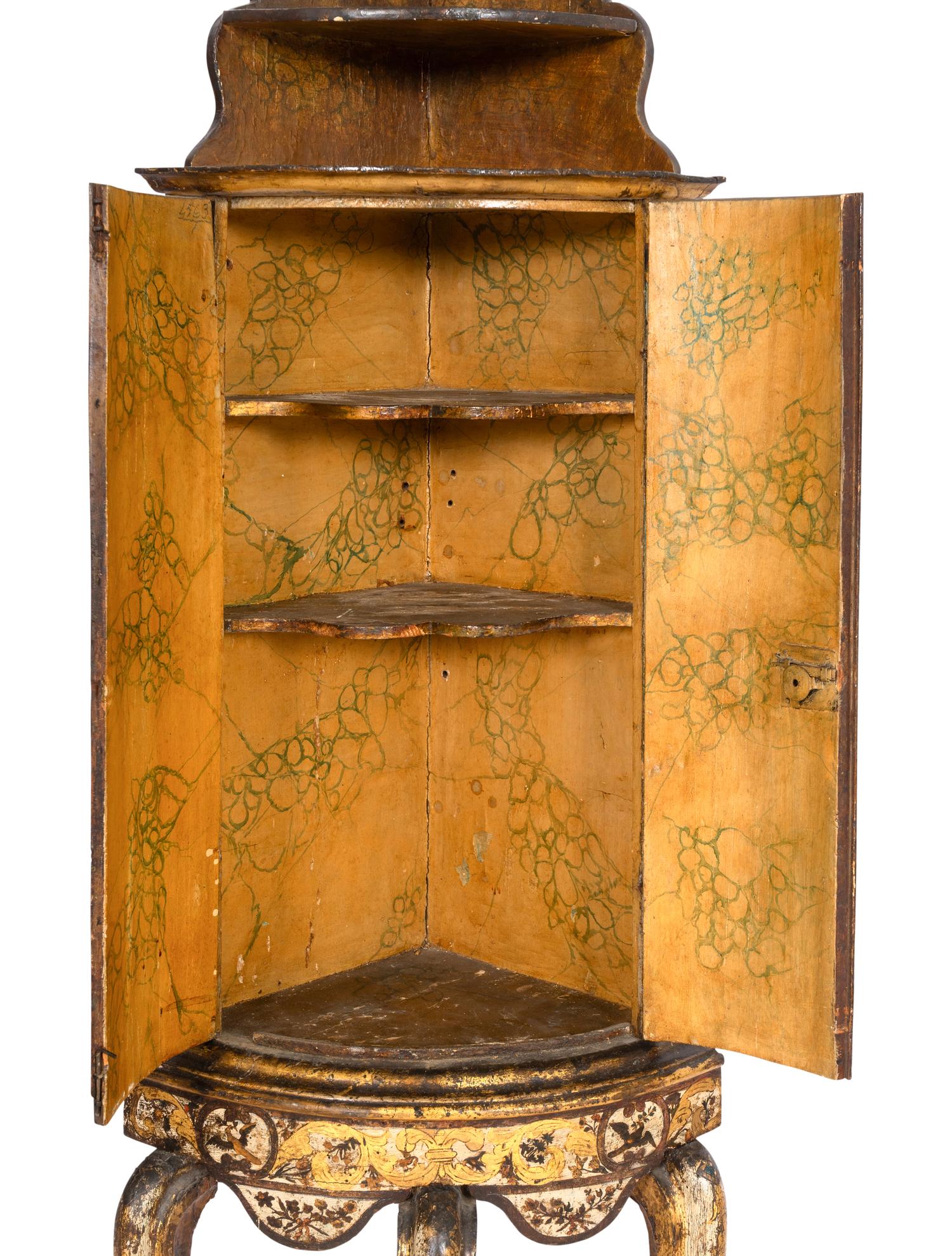 A Pair of Venetian Rococo Lacca Povera and Polychrome Painted Corner Cabinets