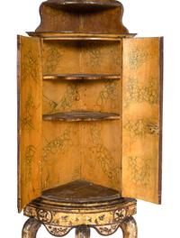 A Pair of Venetian Rococo Lacca Povera and Polychrome Painted Corner Cabinets