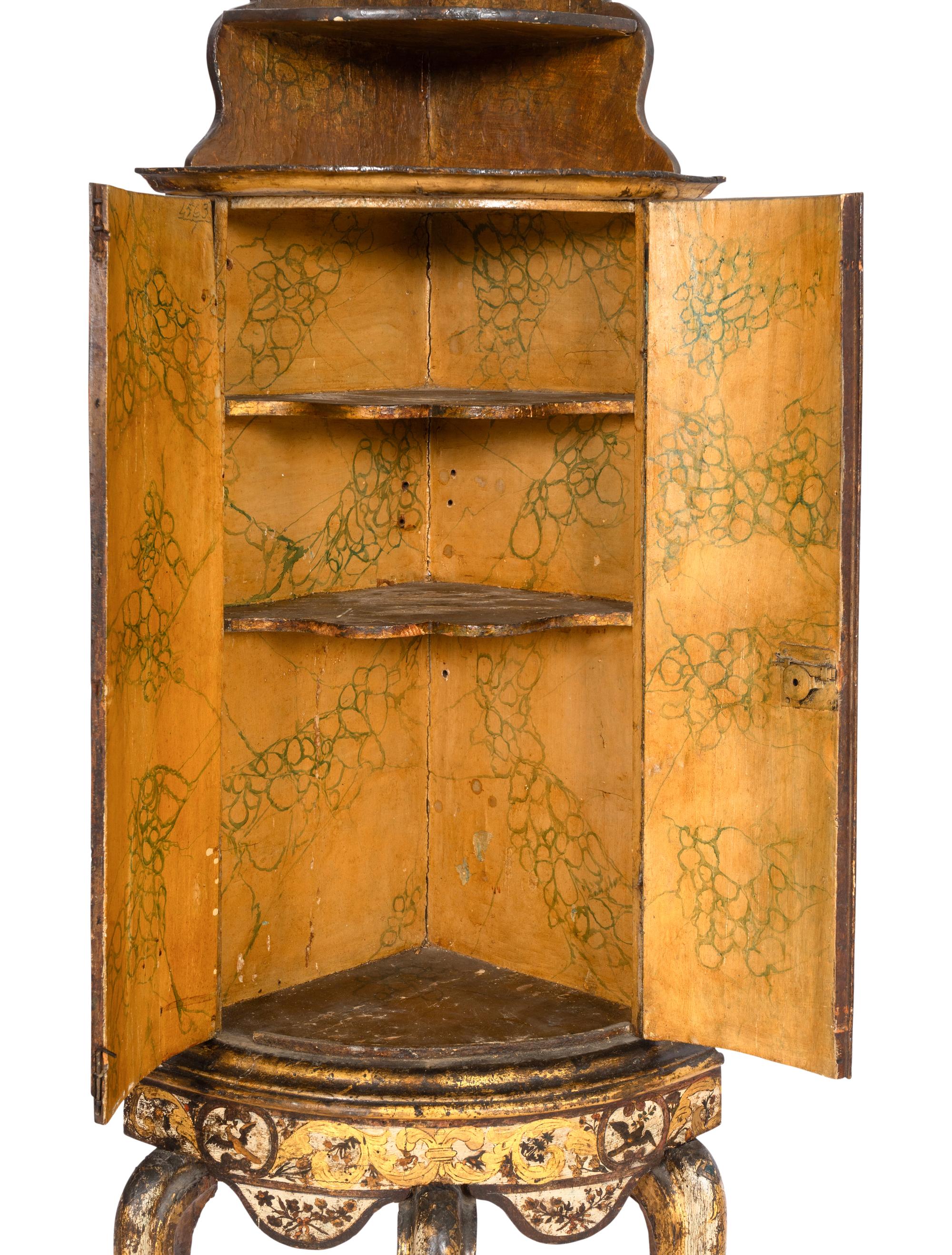 A Pair of Venetian Rococo Lacca Povera and Polychrome Painted Corner Cabinets