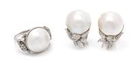 A Platinum, White Gold, Mabe Pearl and Diamond Demi Parure, Circa 1950, 16.90 dwts.