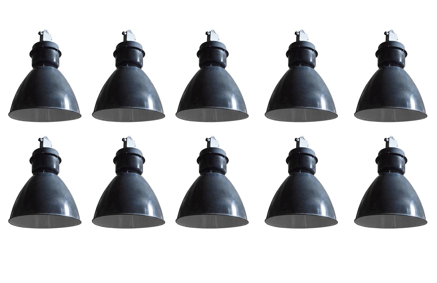 A Set of Ten Enameled Steel Industrial Light Fixtures 20" W x 20" D x 30" H — United States, Circa 1950
