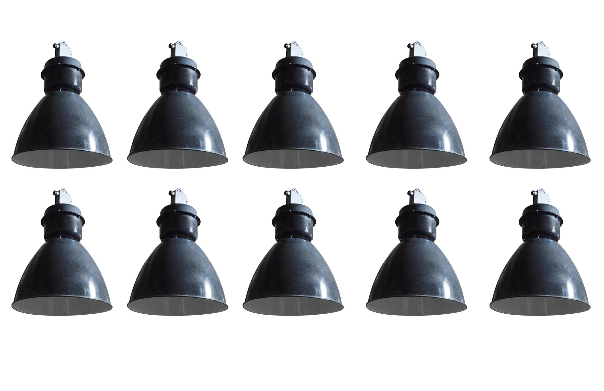 A Set of Ten Enameled Steel Industrial Light Fixtures 20" W x 20" D x 30" H — United States, Circa 1950