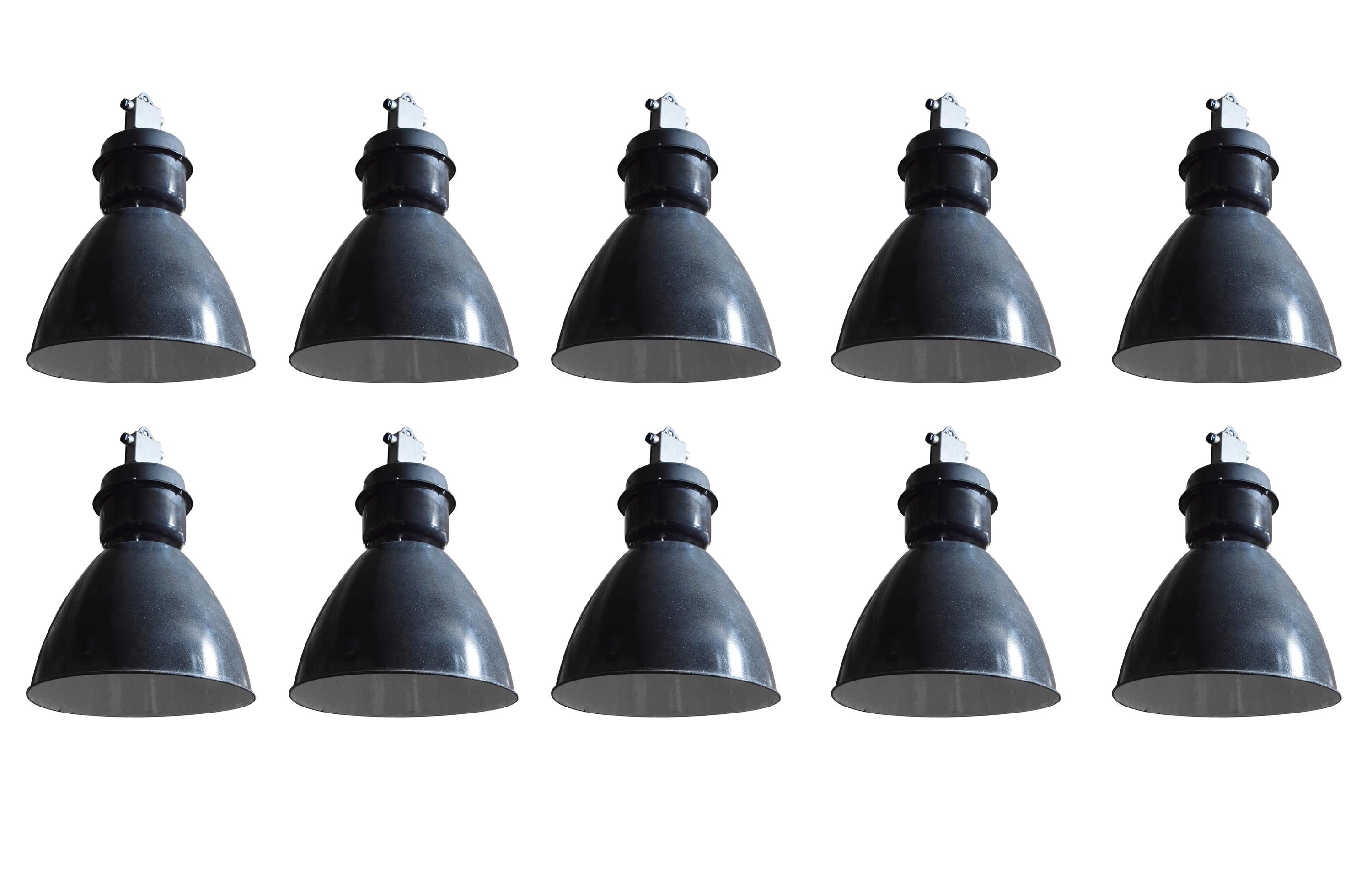A Set of Ten Enameled Steel Industrial Light Fixtures 20" W x 20" D x 30" H — United States, Circa 1950