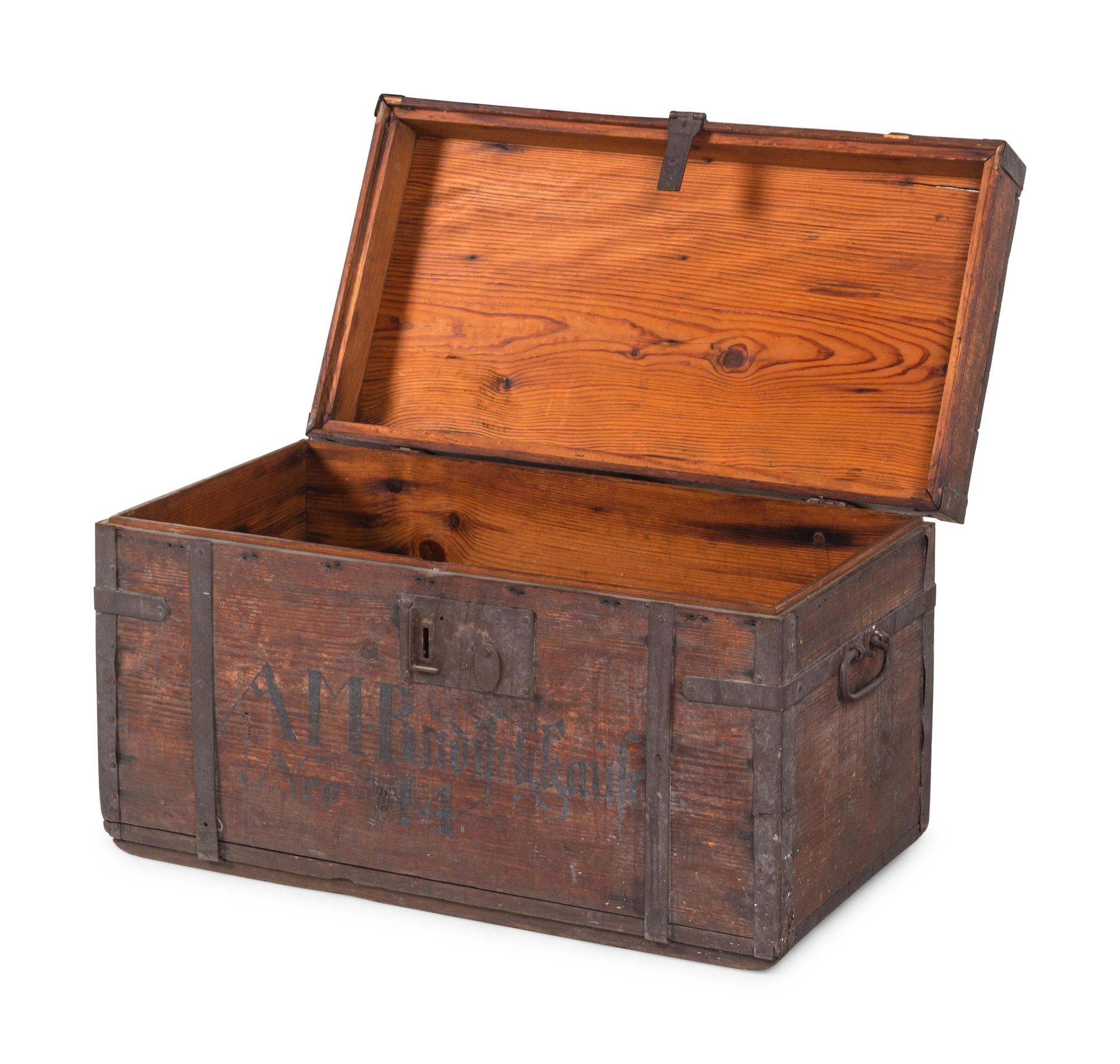 An Iron Mounted and Painted Pine Storage Chest