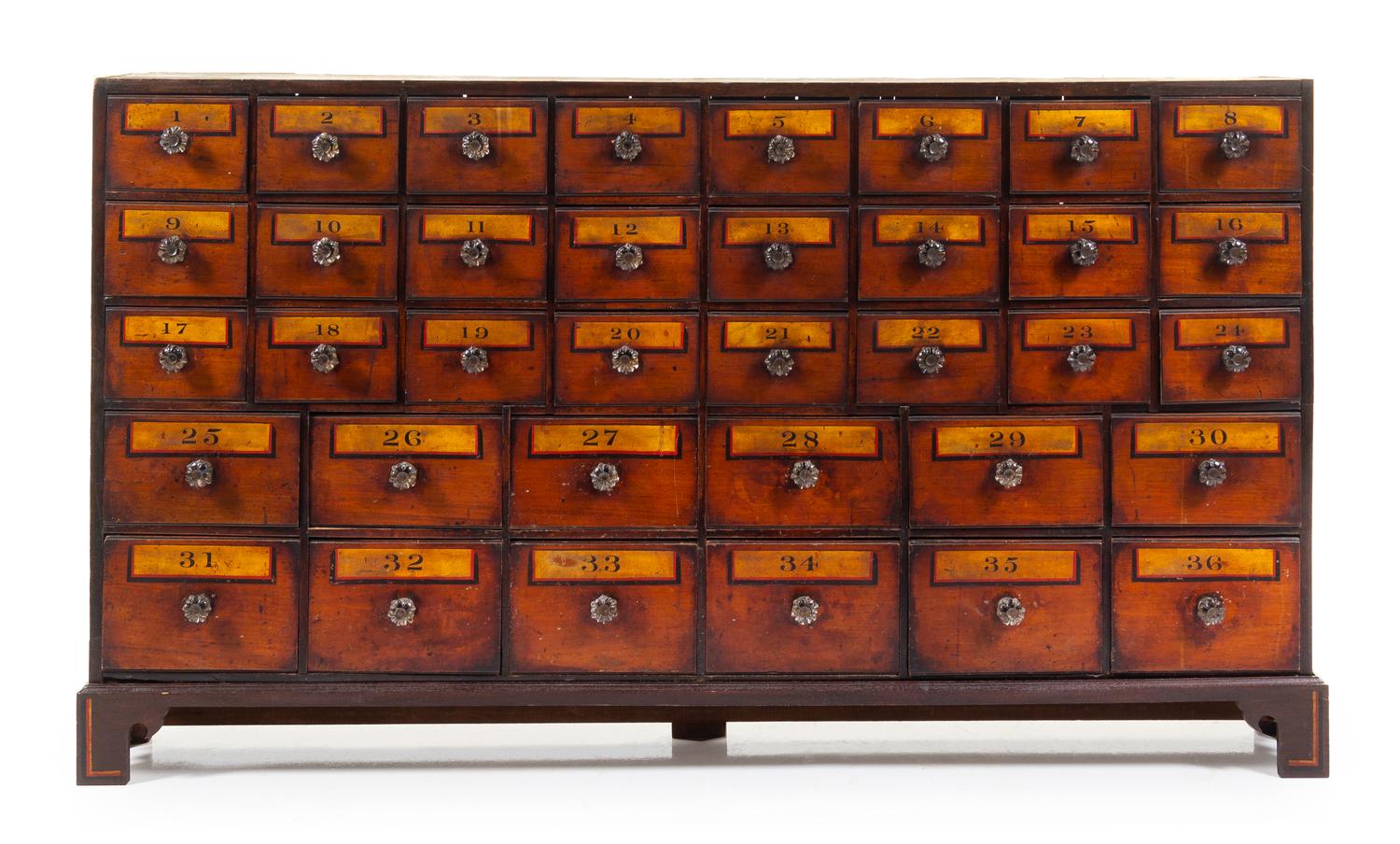 An English Painted Apothecary Chest Height 35 1/2 x width 64 x depth 9 1/2 inches. — 19TH CENTURY