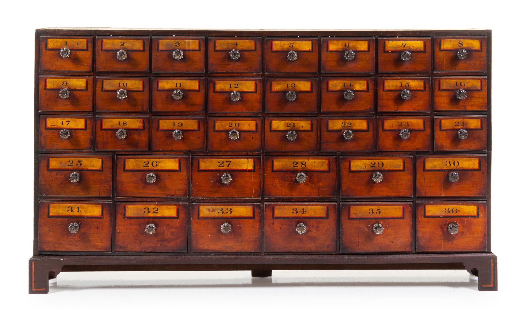 An English Painted Apothecary Chest Height 35 1/2 x width 64 x depth 9 1/2 inches. — 19TH CENTURY
