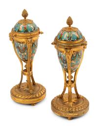 A Pair of Louis XVI Style Gilt Bronze Mounted Champlevé Cassolettes