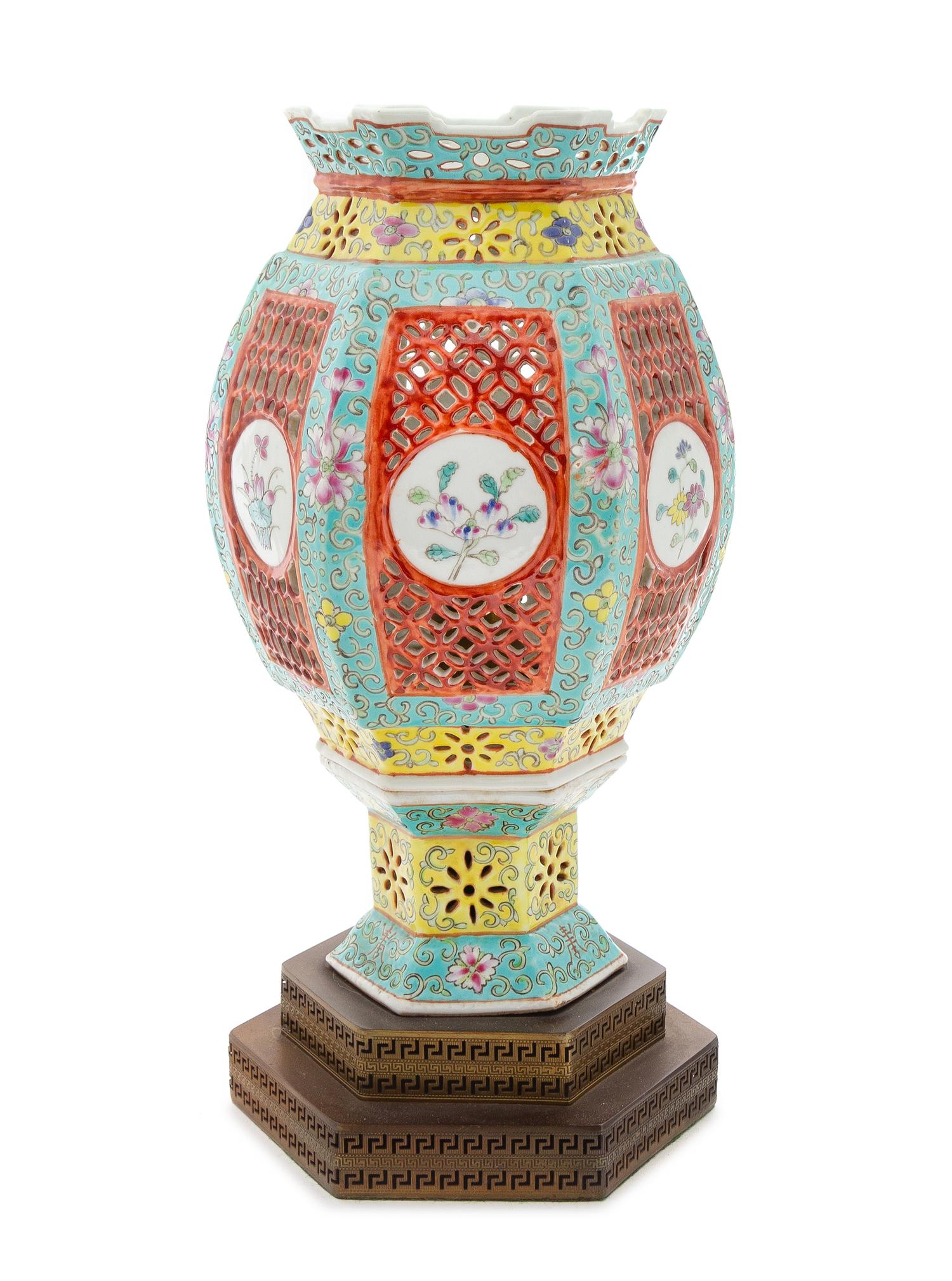 A Chinese Famille Rose Porcelain Lamp Height of vase 12 inches. — EARLY 20TH CENTURY