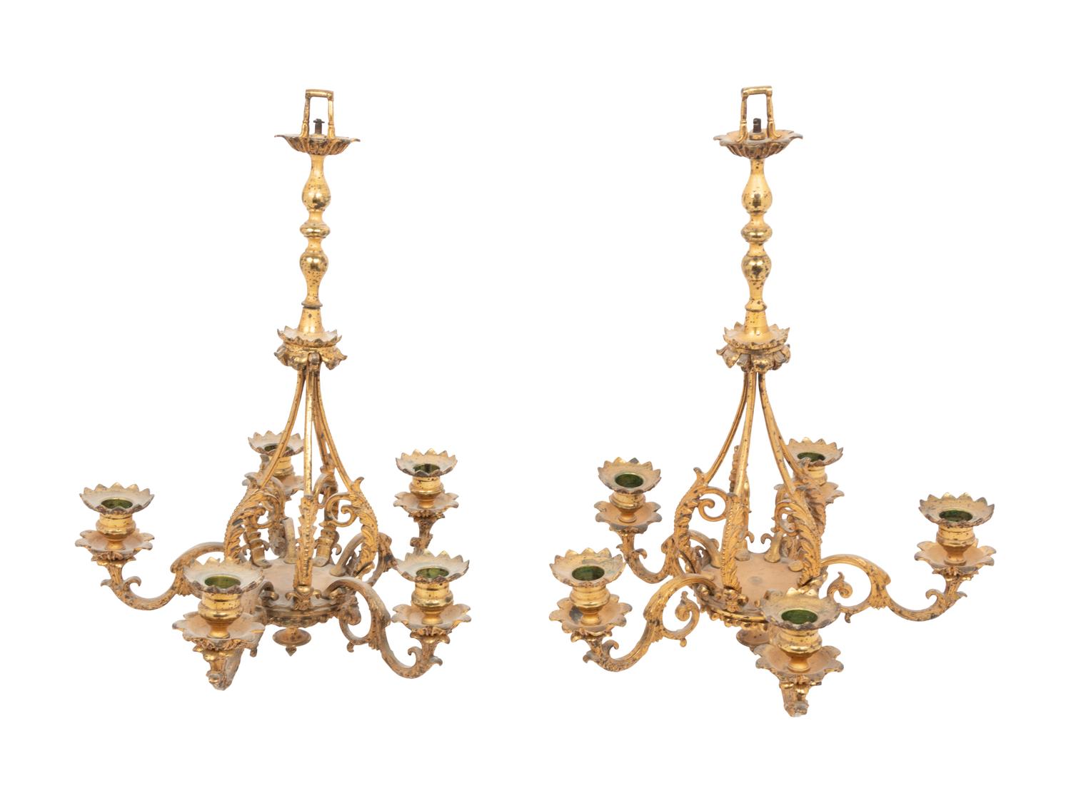 A Pair of Dutch or German Gilt Bronze Five-Light Hanging Wall Lights
