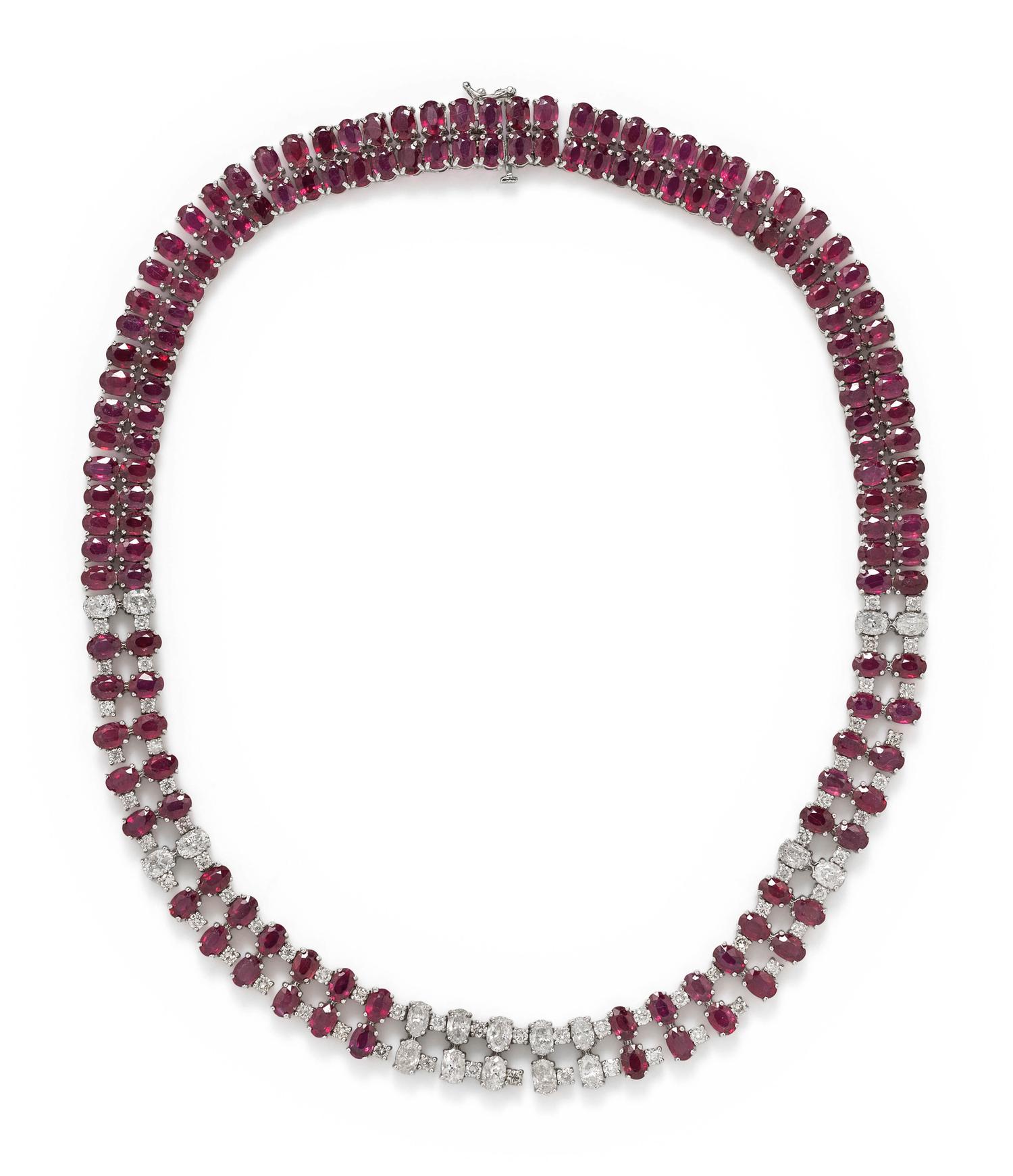 GLASS-FILLED RUBY AND DIAMOND NECKLACE